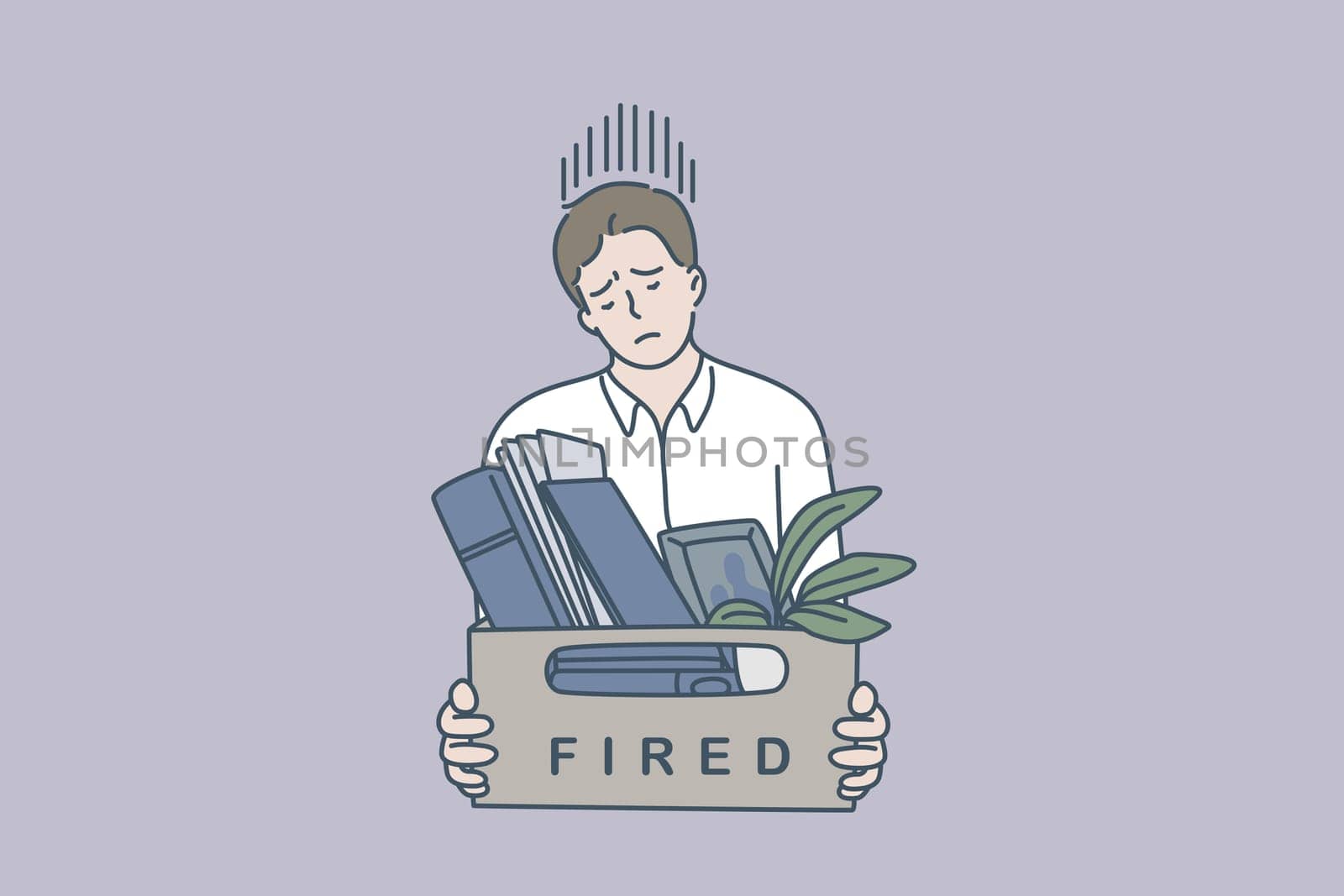 Feeling sad of being fired concept. Young man worker standing feeling stressed being fired holding box with belongings vector illustration