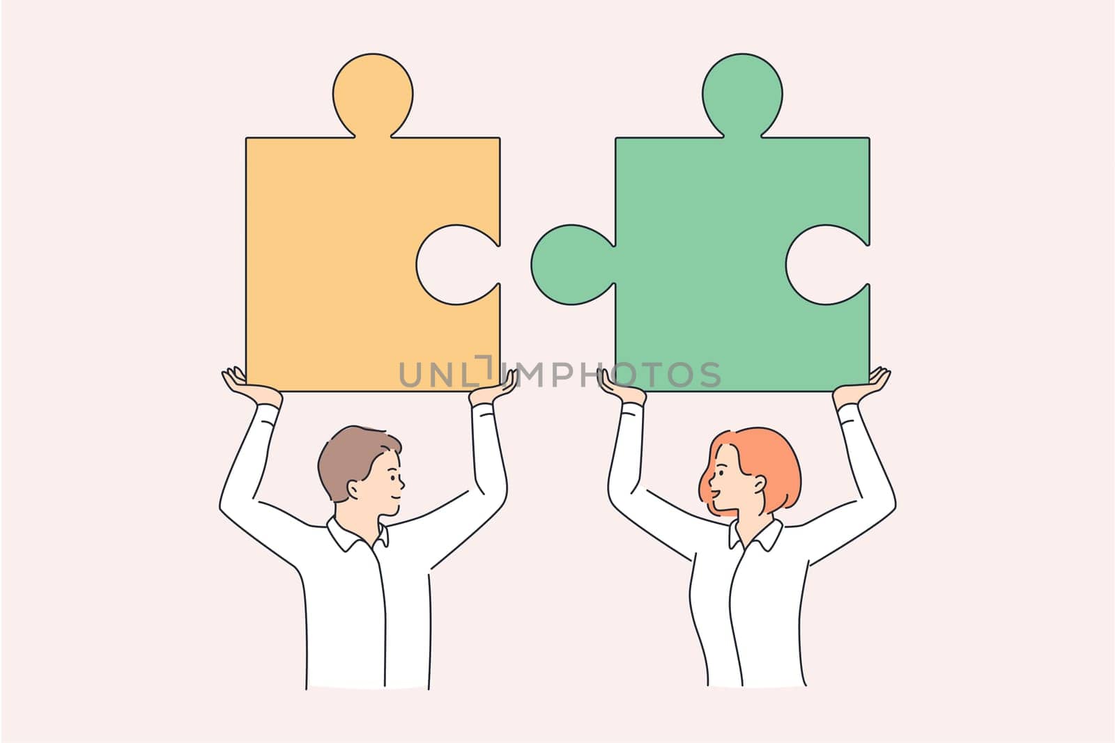Teamwork and collaboration in business concept. Young man and woman partners holding huge pieces of one puzzle going towards each other as team vector illustration