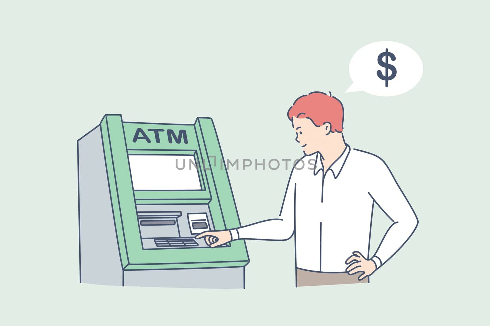 Withdrawing money on atm concept. Young man standing entering pincode on atm machine for getting money cash vector illustration