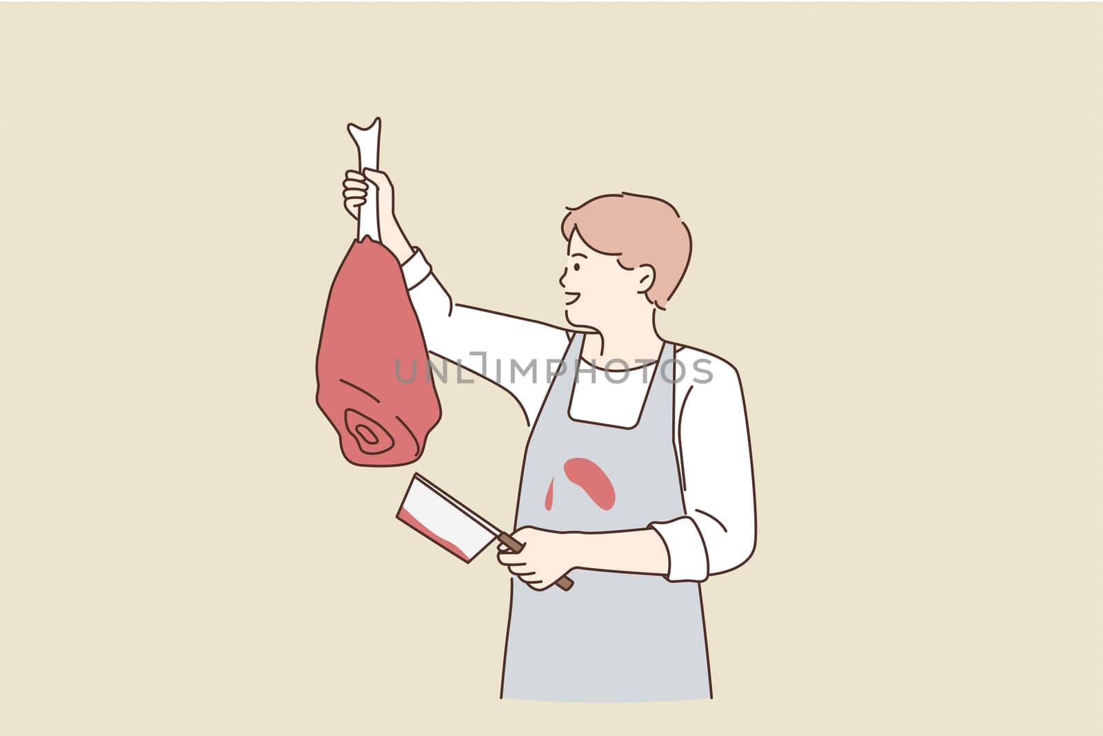 Working as butcher with meat concept. Young smiling man butcher in apron standing holding beef leg in hands for selling vector illustration