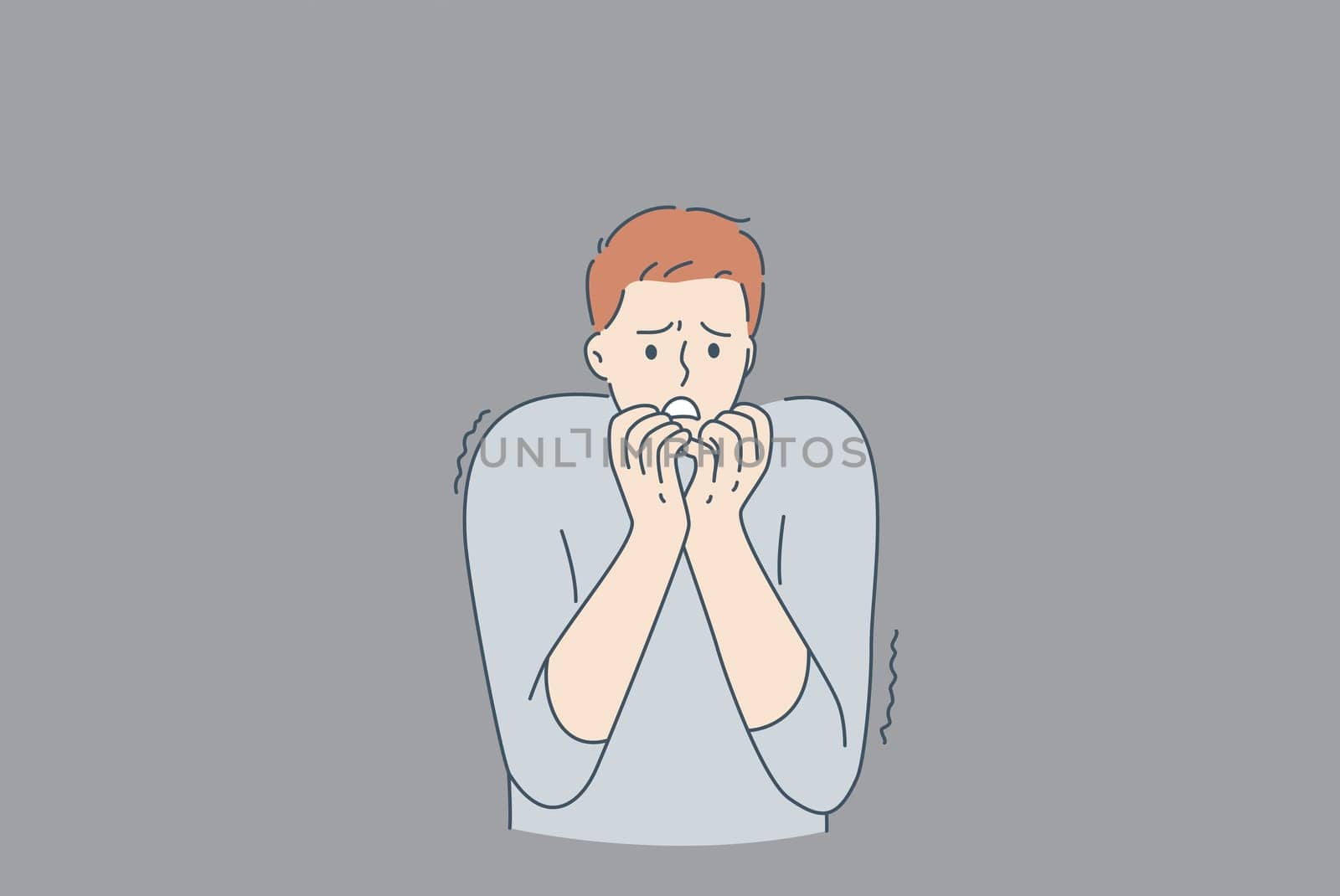 Mental health and inner fears concept. Young stressed man cartoon character standing biting nails feeling bad with ghosts at wall from inside fears vector illustration