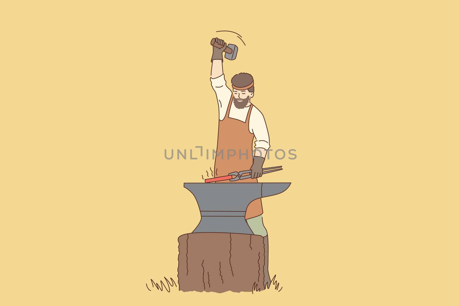 Work and tools of blacksmith concept. Young man blacksmith cartoon character with beard in apron standing working with hot iron vector illustration