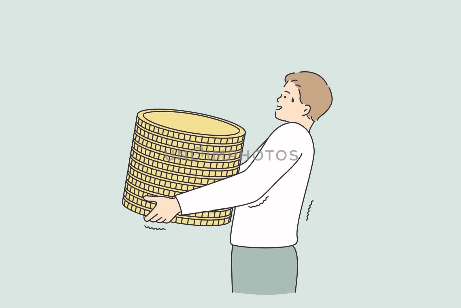 Profit, making money, financial success concept. Young worker businessman cartoon character carrying heap of golden coins in hands meaning wealth and profit vector illustration