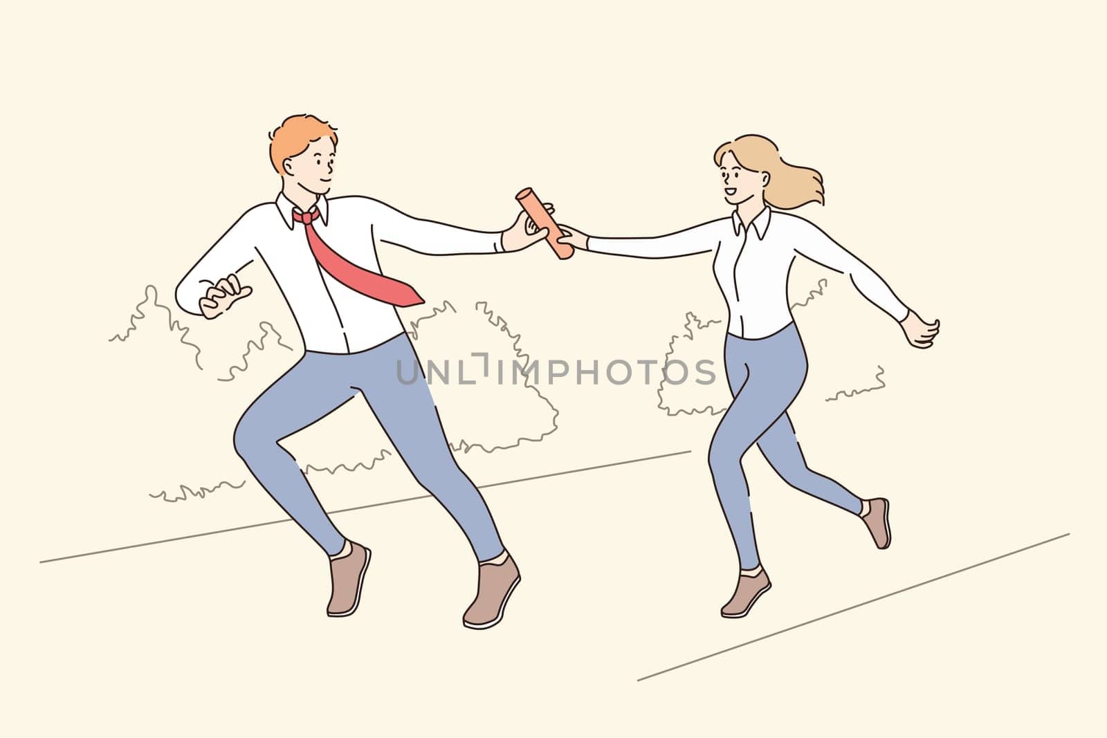 Teamwork, collaboration and business challenge concept. Young woman worker running and giving baton to colleague man in suit and tie meaning success and achievement concept vector illustration