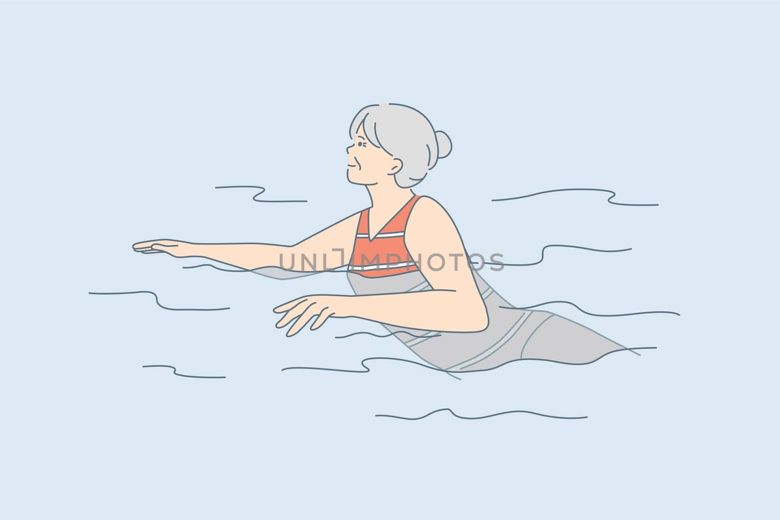 Elderly people active lifestyle concept. Old mature positive woman cartoon character swimming in water feeling great vector illustration