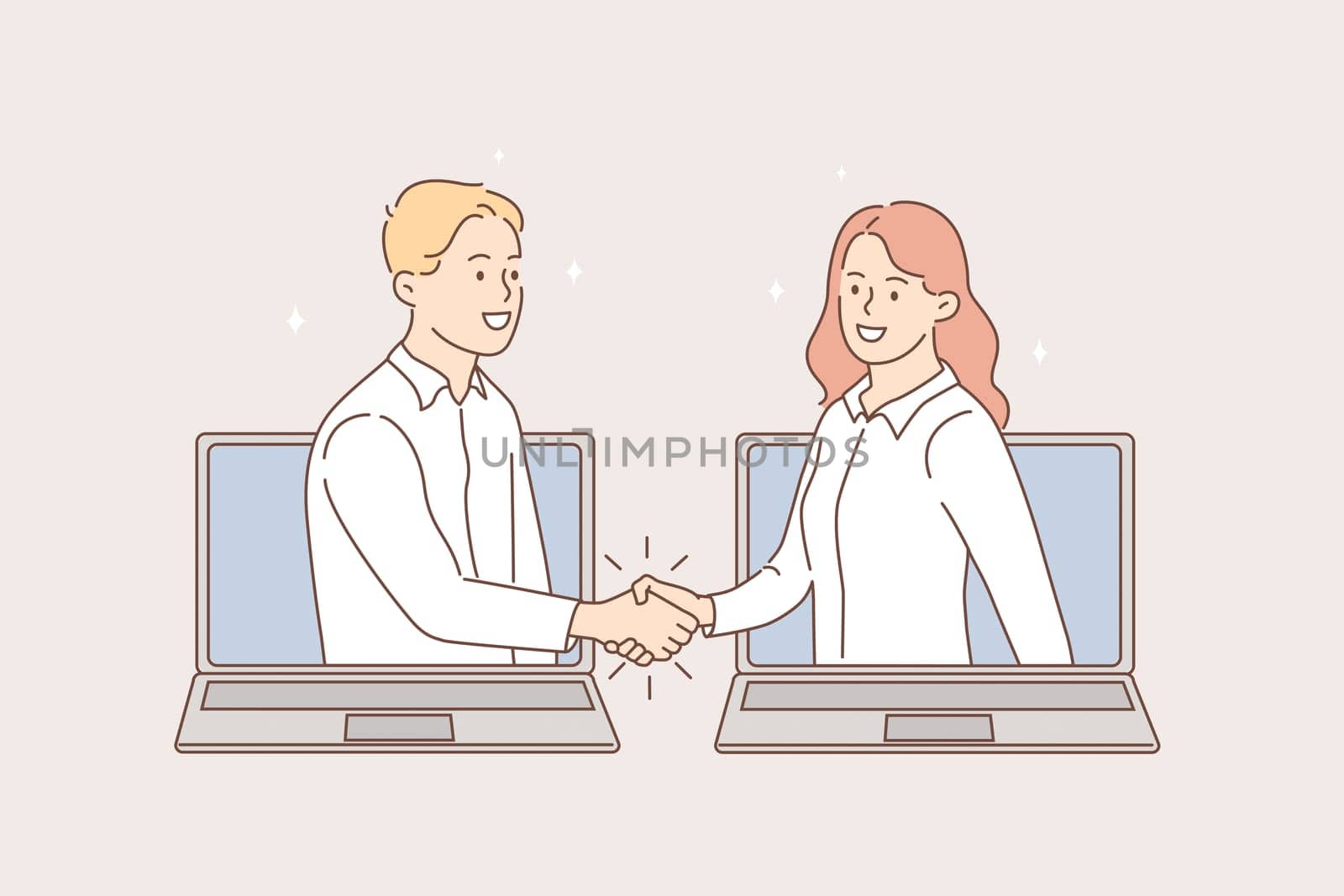 Online meeting and videoconference concept. Young smiling business people shaking hands from laptops screens after online meeting vector illustration