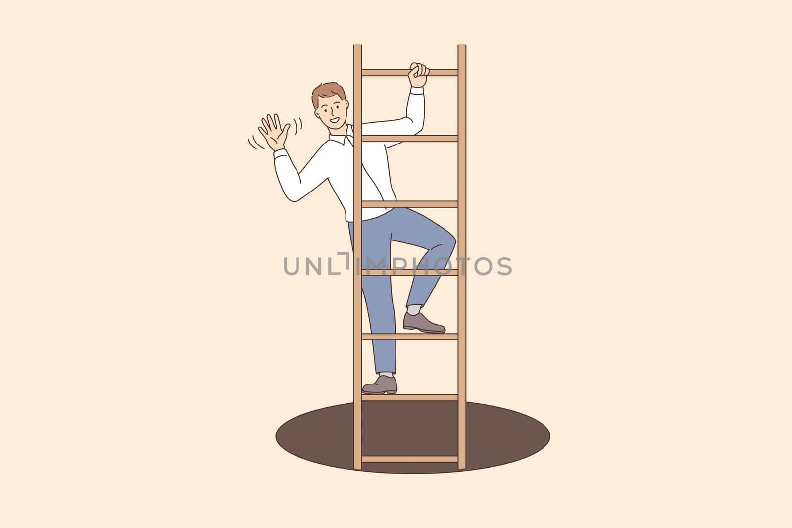 Business success and development concept. Young smiling businessman cartoon character waving hand standing on ladder climbing up vector illustration