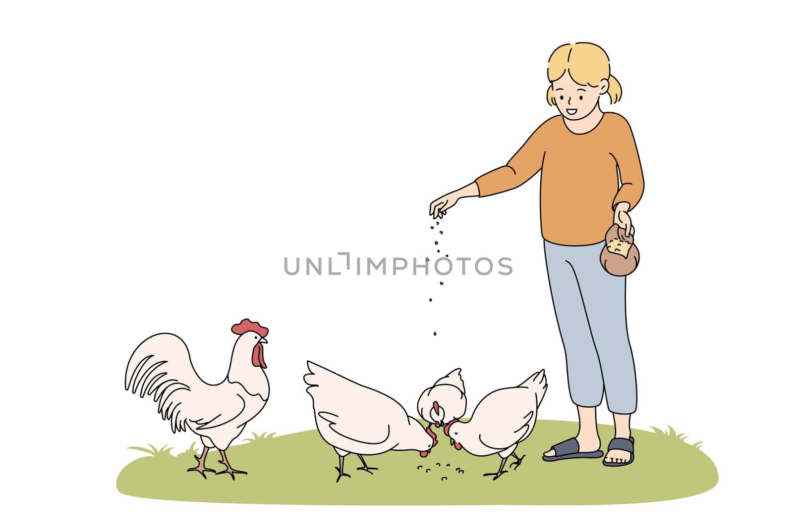 Farming, agriculture, feeding animals concept. Smiling girl cartoon character standing and feeding chicken hens with seeds from hand on grass vector illustration