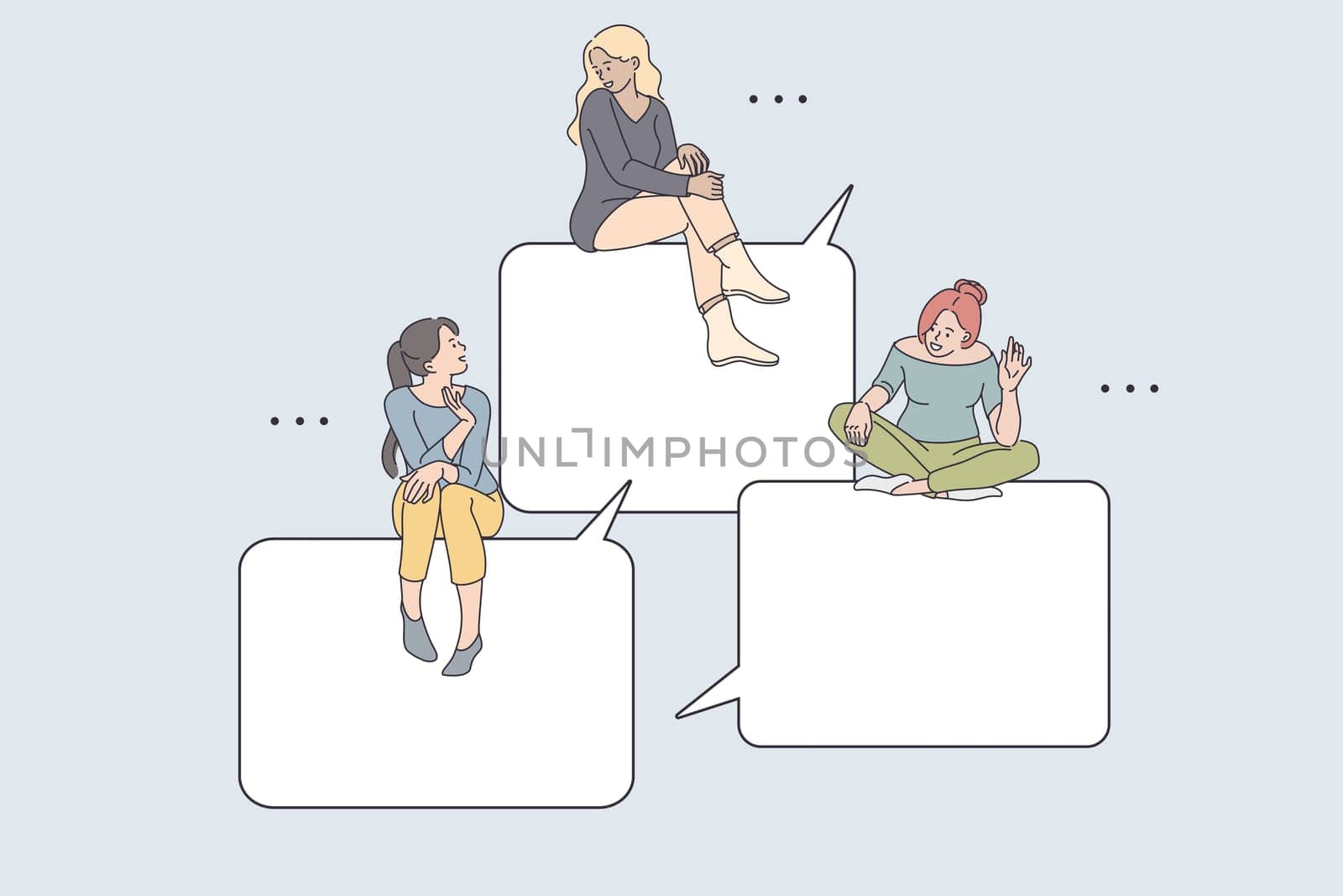 Internet communication and chatting concept. Young smiling girls friends sitting on speech bubbles greeting each other online from smartphone screen online vector illustration
