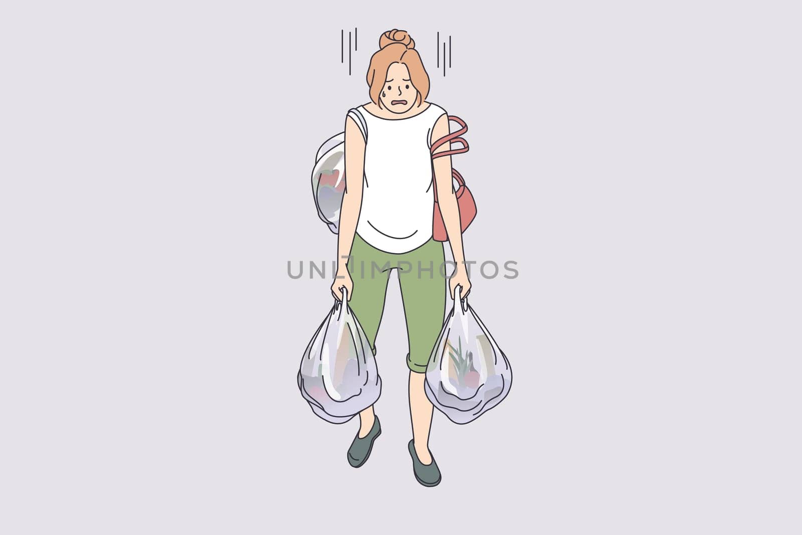 Carrying heavy bags tiredness concept. Young exhausted tired woman cartoon character going carrying many heavy shopping bags full of food from supermarket vector illustration