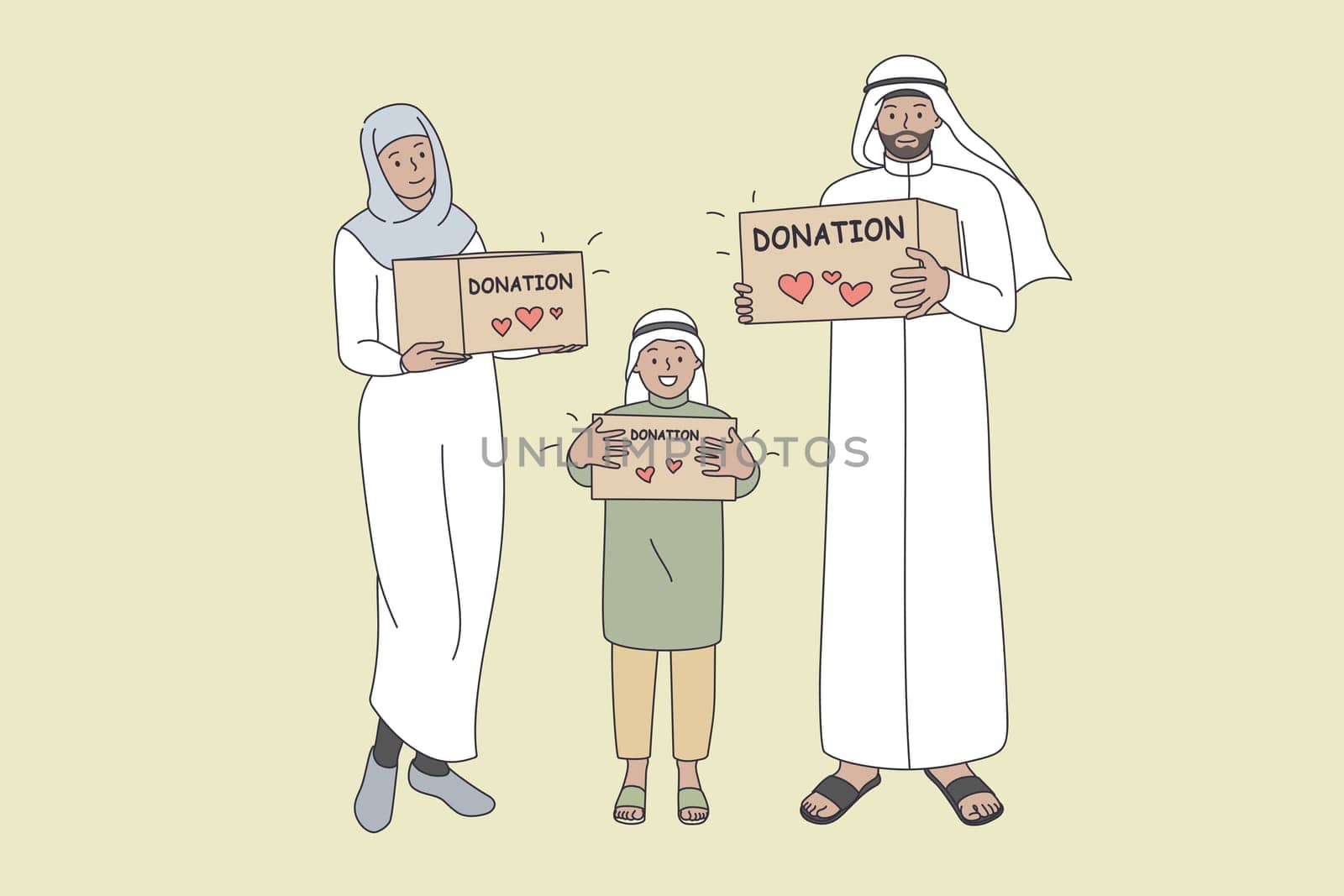 Donation for muslim families concept. Smiling arabic family mother father son standing holding donation boxes in hands with lettering for charity ramadan vector illustration
