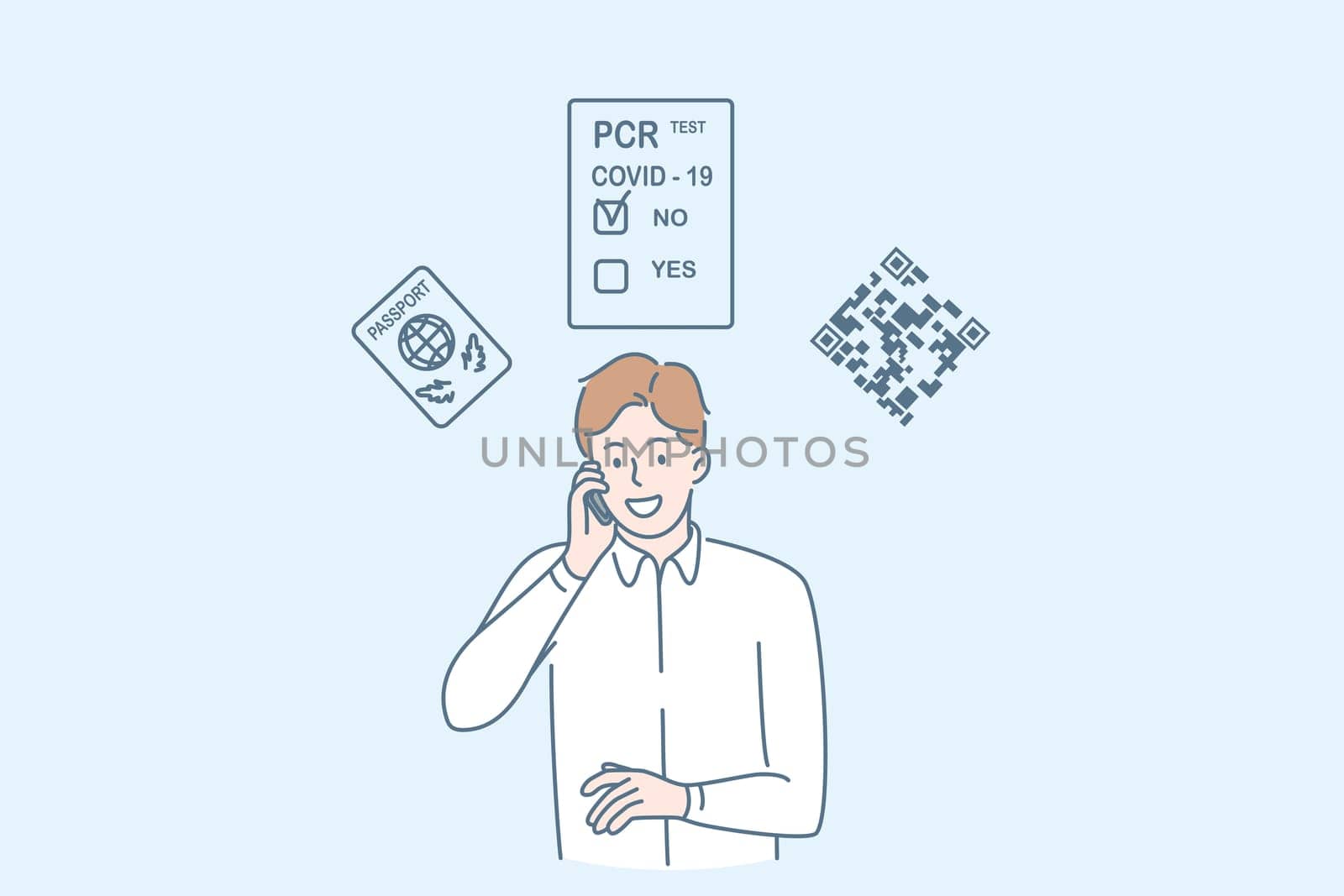 Traveling during covid-19 pandemic concept. Young smiling businessman standing smiling talking on phone having negative coronavirus test for business trip vector illustration
