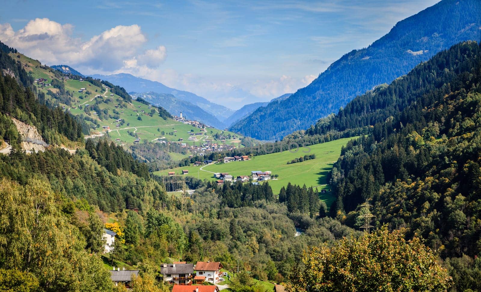 Scenic view of a valley in the Swiss Alps in summer