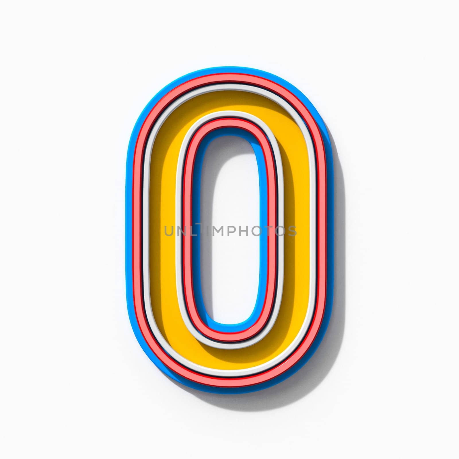 Slab serif colorful outlined font with shadows Number 0 ZERO 3D rendering illustration isolated on white background