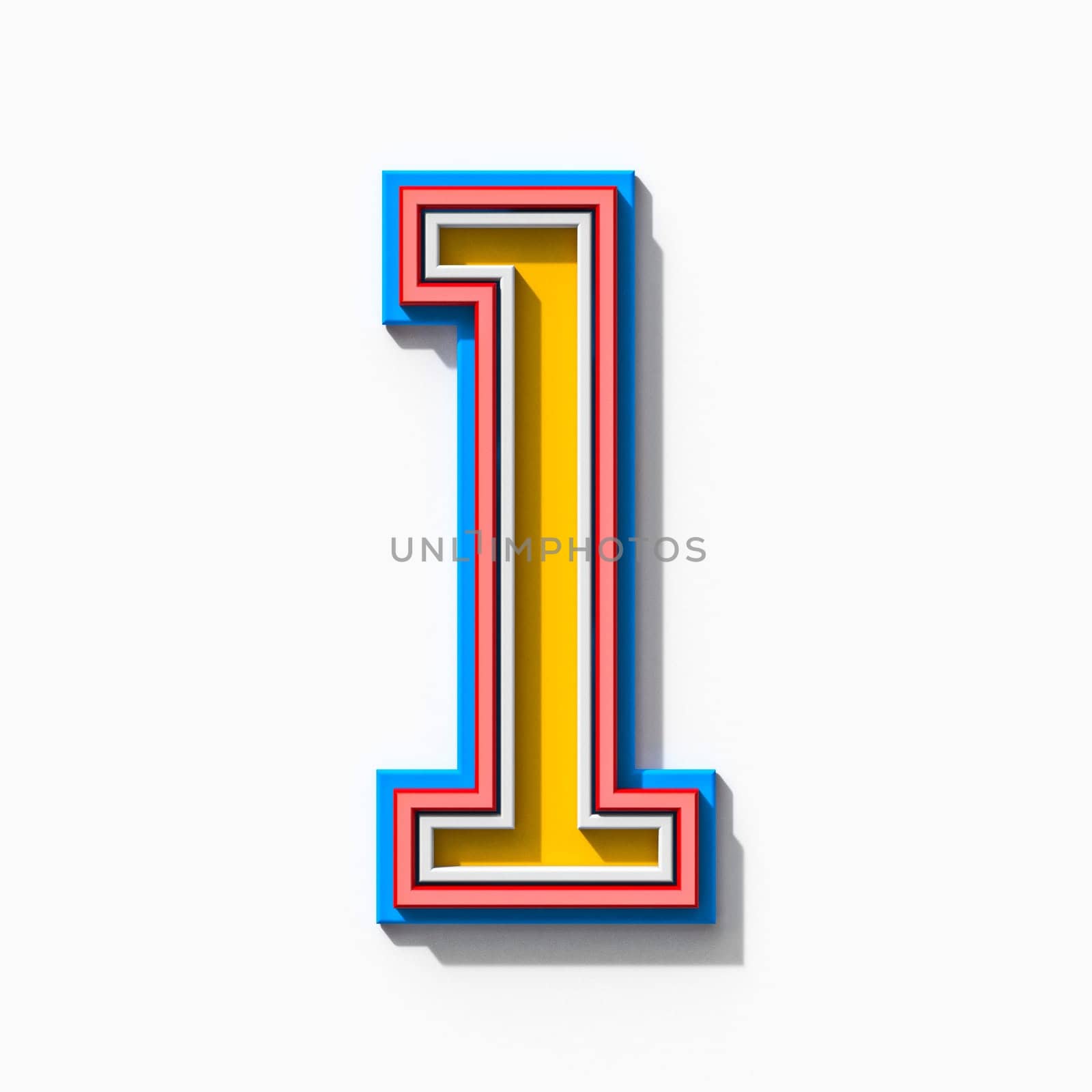 Slab serif colorful outlined font with shadows Number 1 ONE 3D rendering illustration isolated on white background