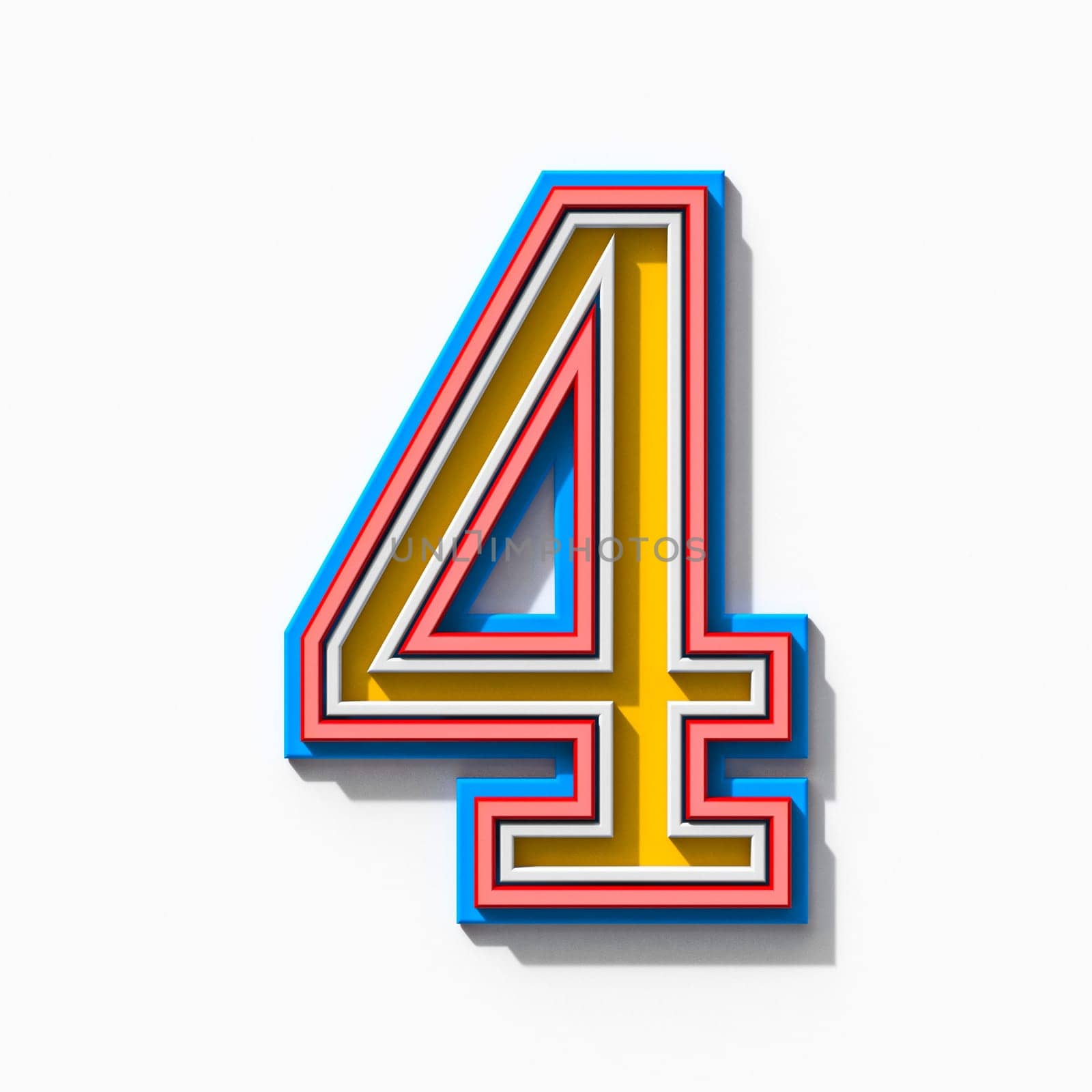 Slab serif colorful outlined font with shadows Number 4 FOUR 3D rendering illustration isolated on white background