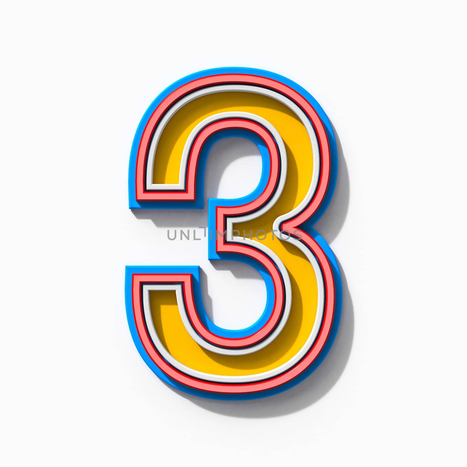 Slab serif colorful outlined font with shadows Number 3 THREE 3D rendering illustration isolated on white background