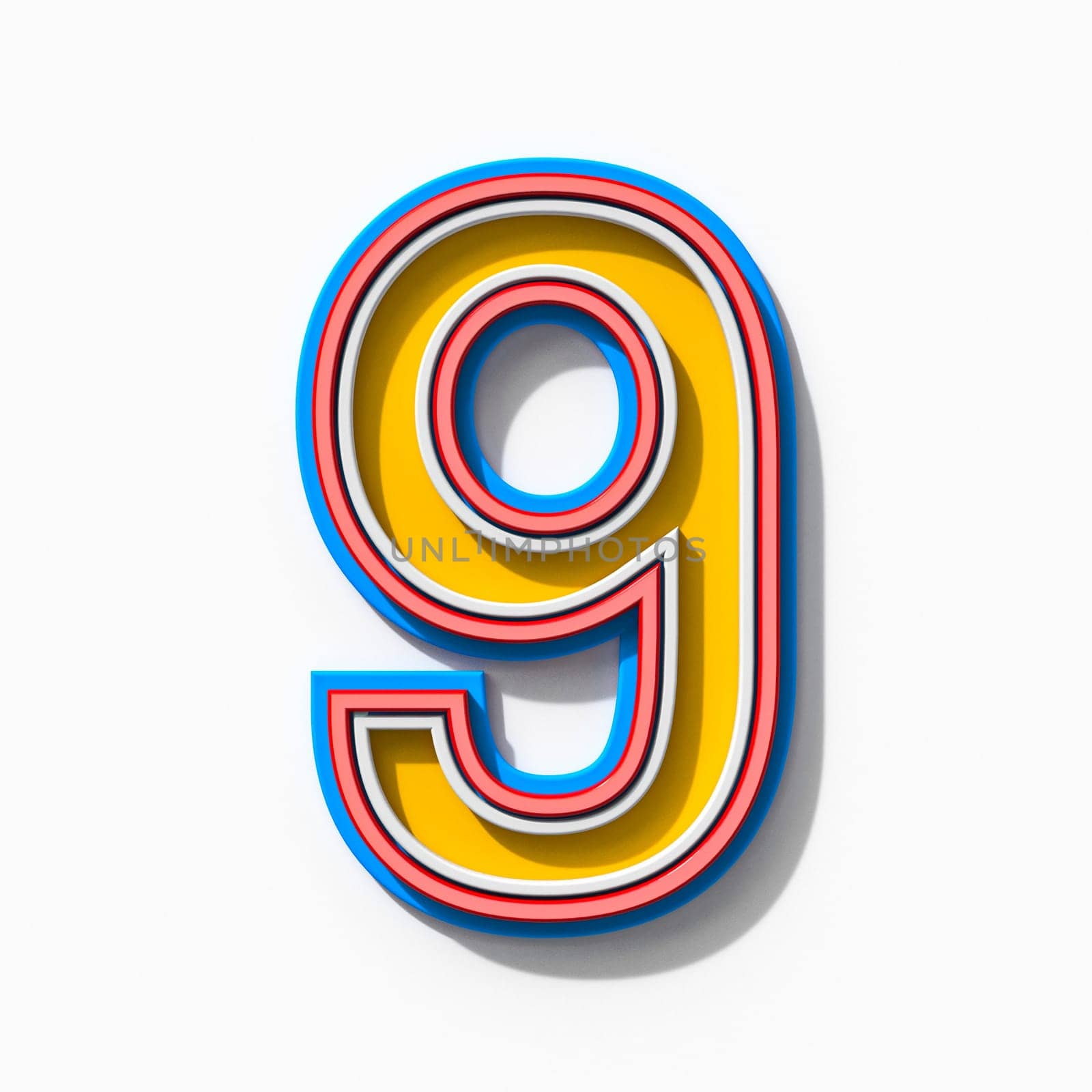 Slab serif colorful outlined font with shadows Number 9 NINE 3D rendering illustration isolated on white background