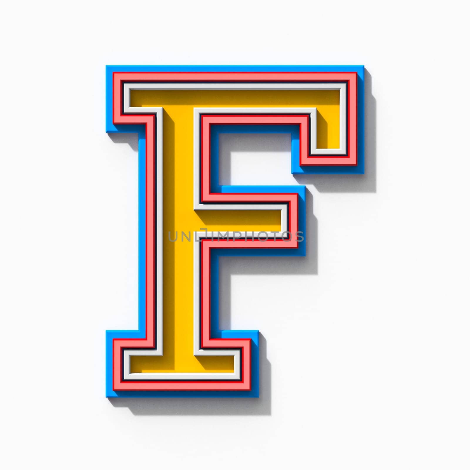 Slab serif colorful outlined font with shadows Letter F 3D rendering illustration isolated on white background