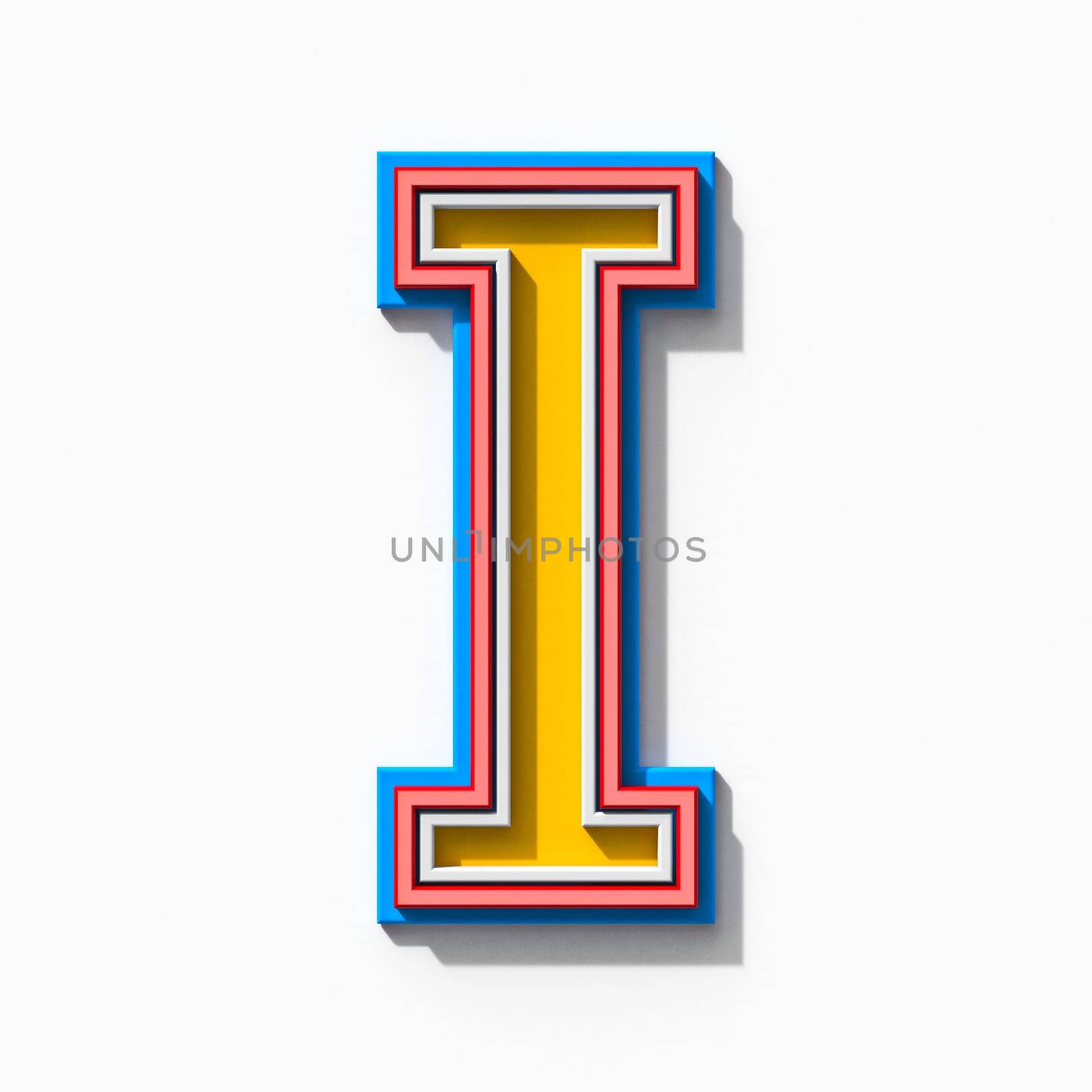 Slab serif colorful outlined font with shadows Letter I 3D rendering illustration isolated on white background