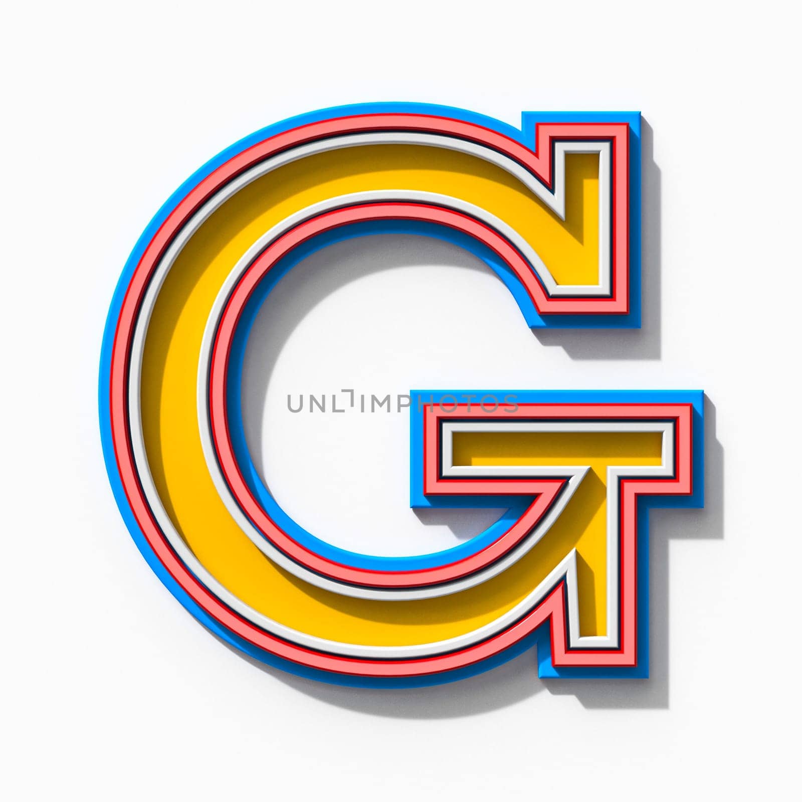 Slab serif colorful outlined font with shadows Letter G 3D rendering illustration isolated on white background