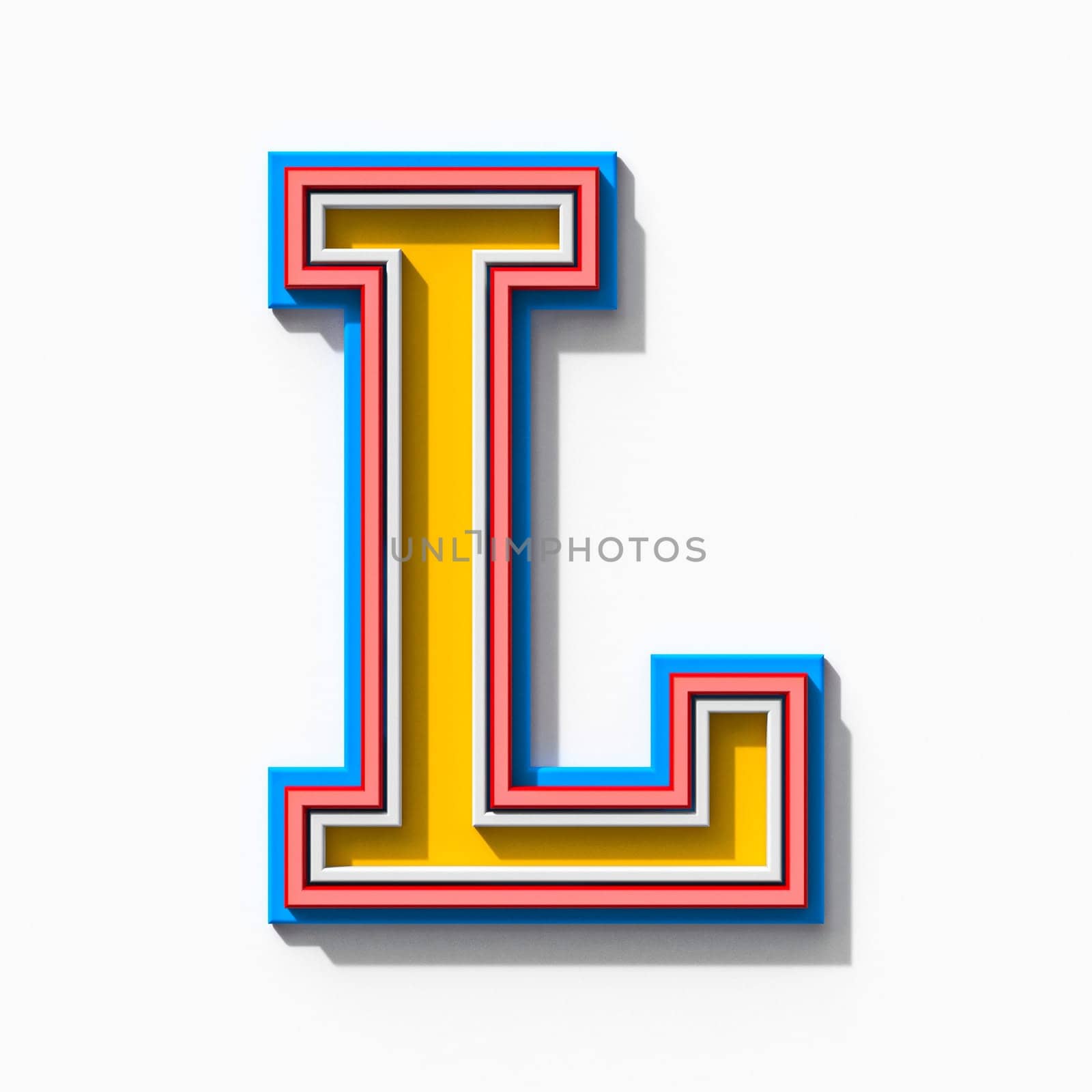 Slab serif colorful outlined font with shadows Letter L 3D rendering illustration isolated on white background