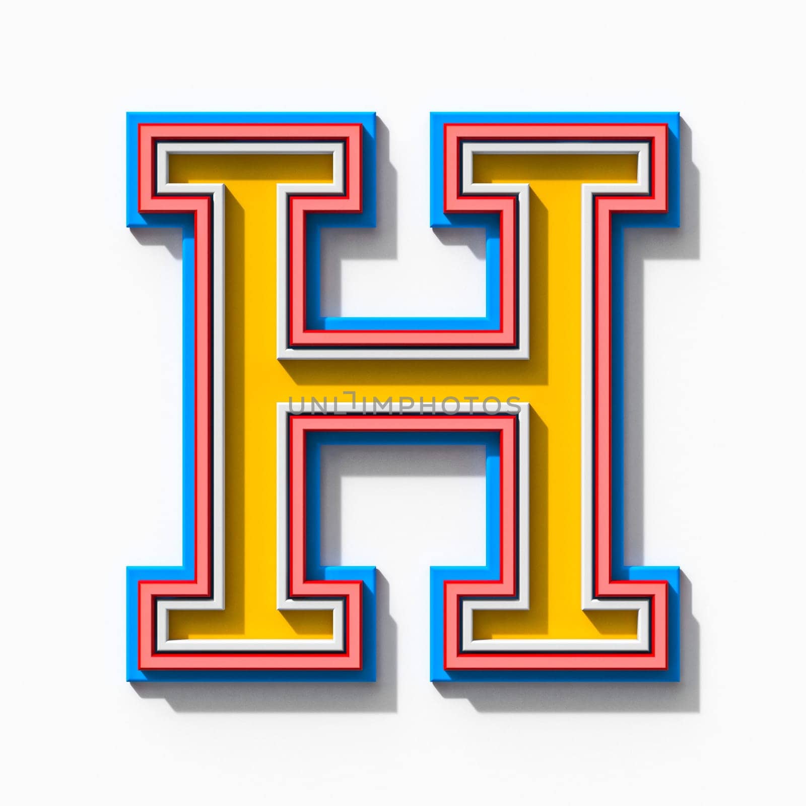 Slab serif colorful outlined font with shadows Letter H 3D rendering illustration isolated on white background