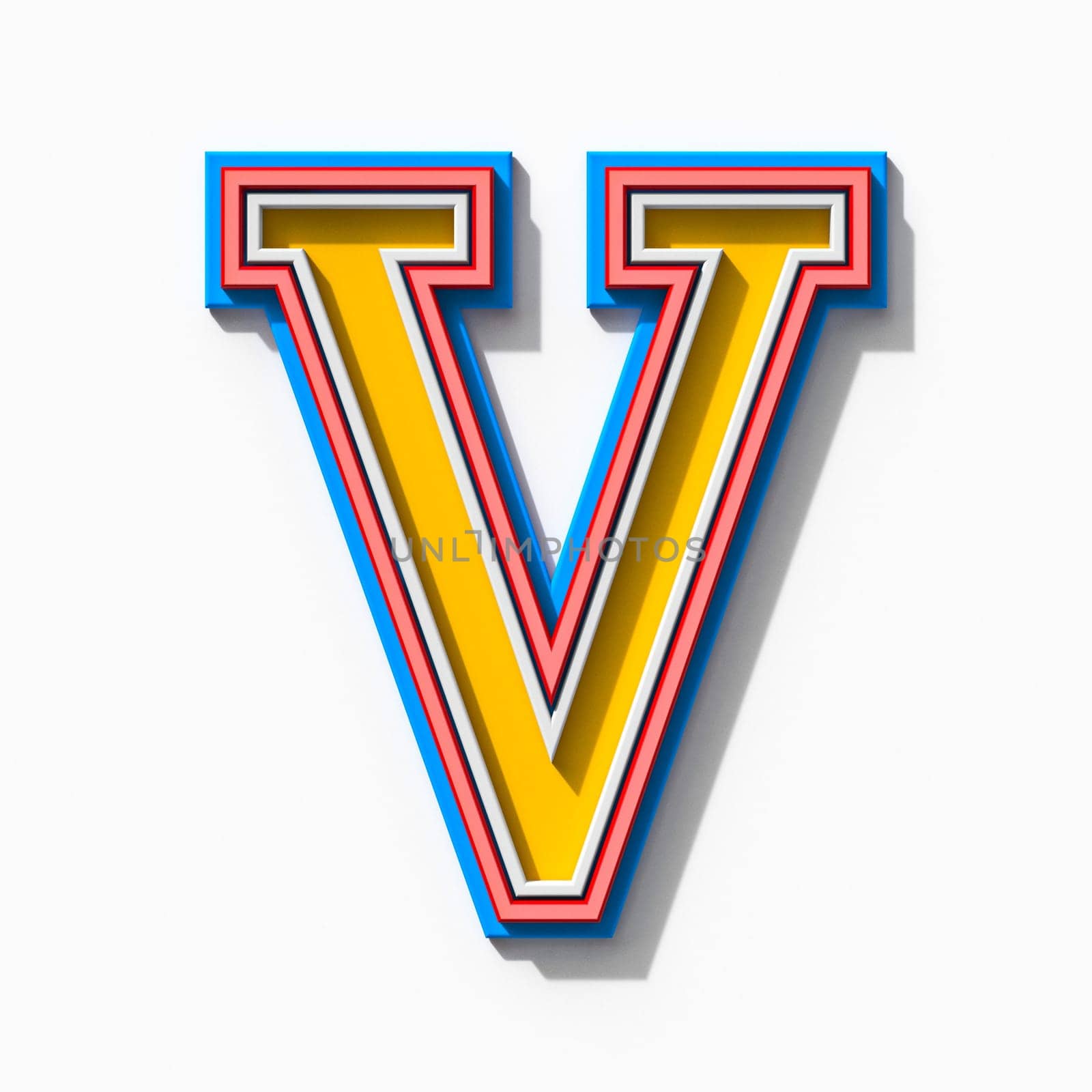 Slab serif colorful outlined font with shadows Letter V 3D rendering illustration isolated on white background