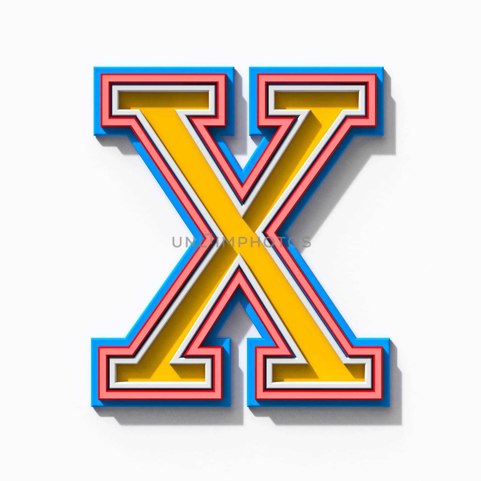 Slab serif colorful outlined font with shadows Letter X 3D rendering illustration isolated on white background