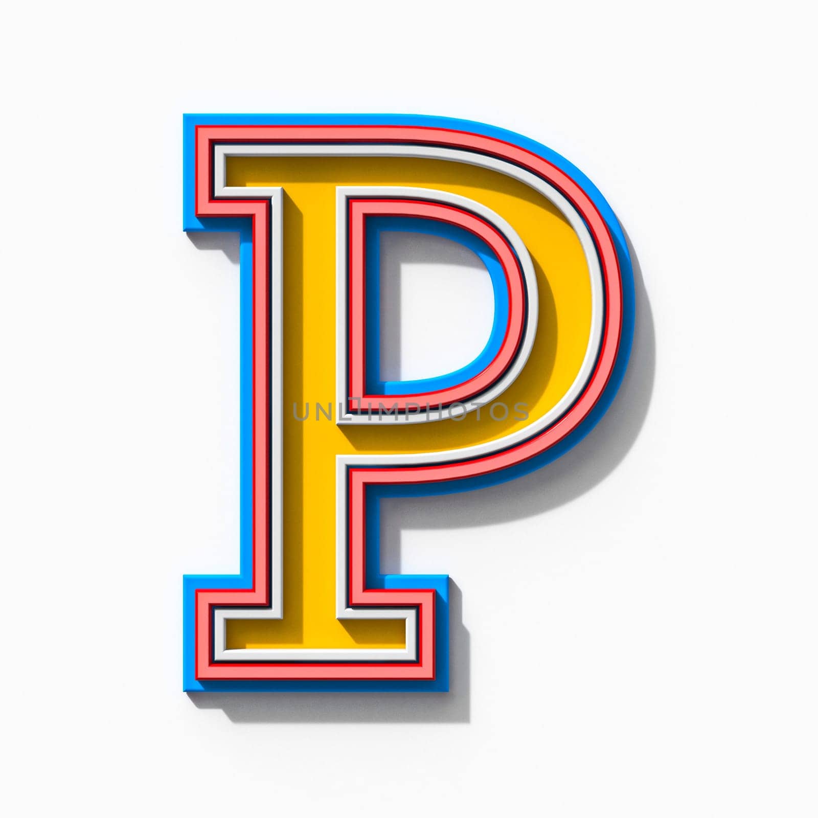 Slab serif colorful outlined font with shadows Letter P 3D rendering illustration isolated on white background
