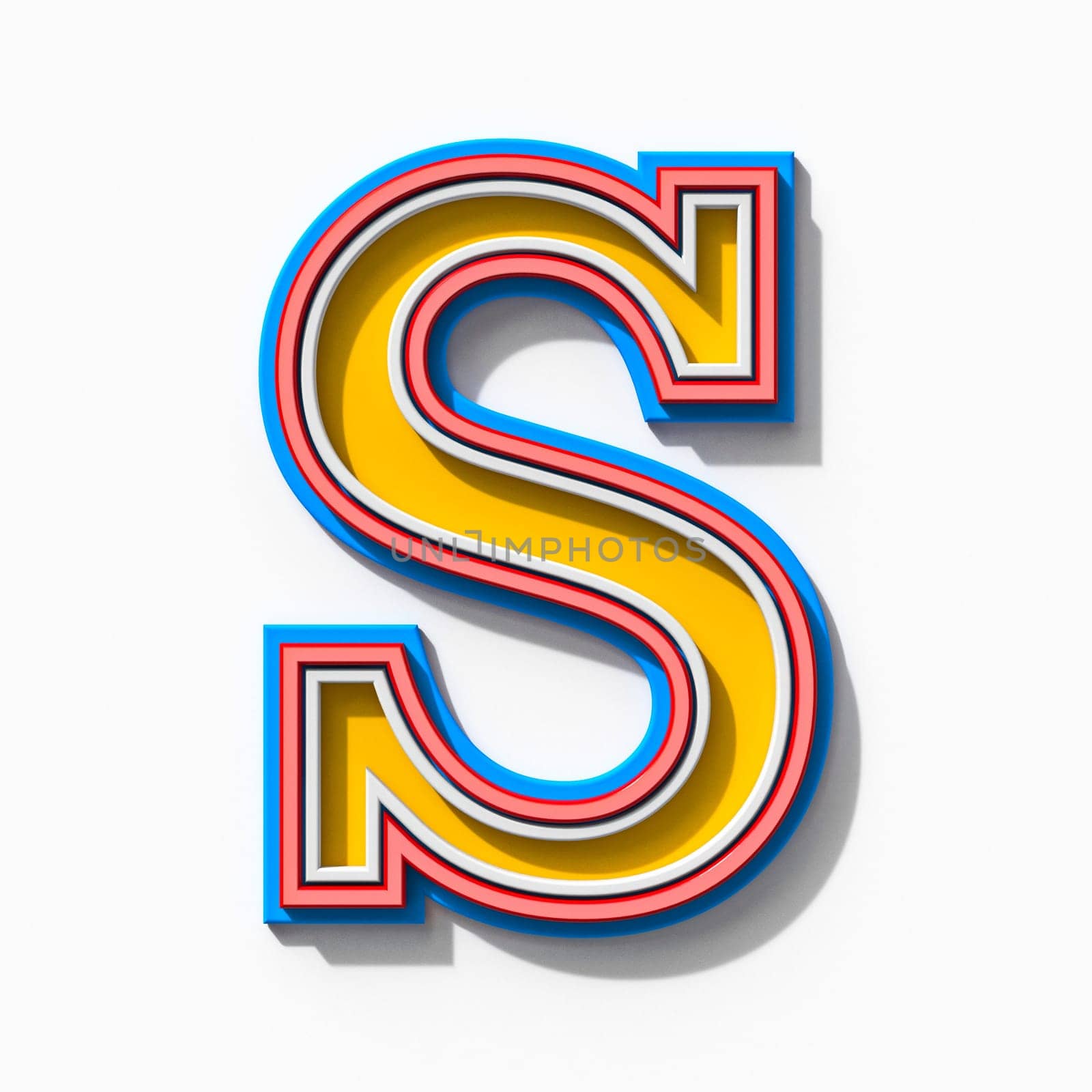 Slab serif colorful outlined font with shadows Letter S 3D rendering illustration isolated on white background