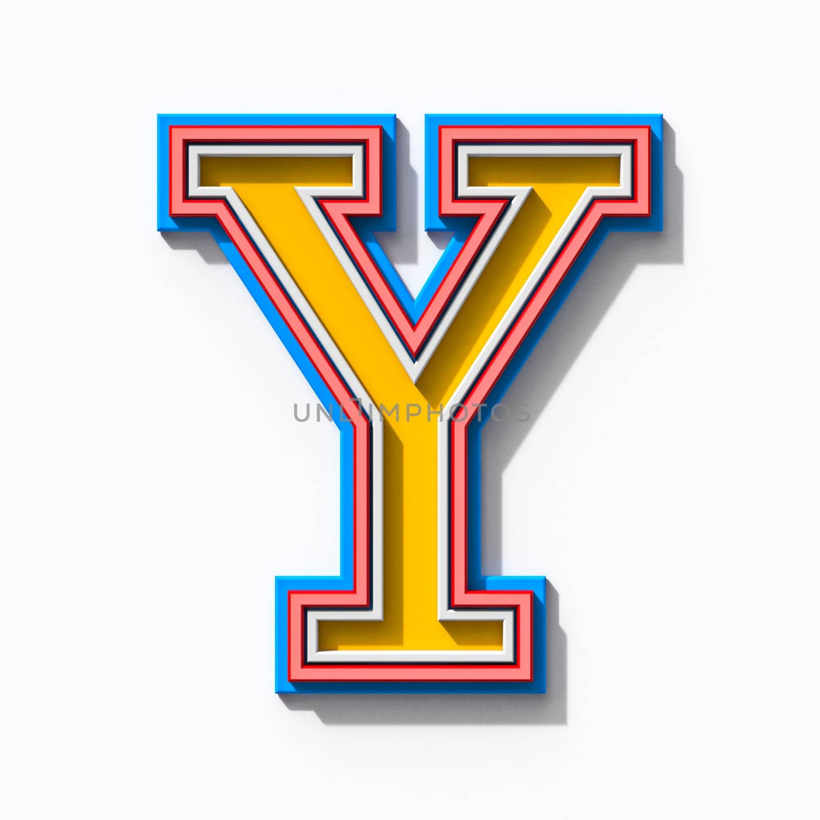 Slab serif colorful outlined font with shadows Letter Y 3D rendering illustration isolated on white background