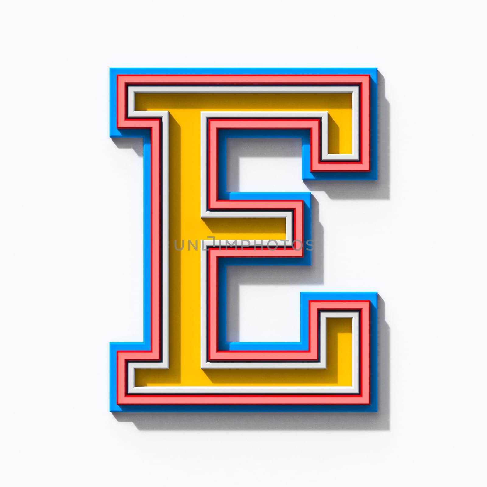 Slab serif colorful outlined font with shadows Letter E 3D rendering illustration isolated on white background