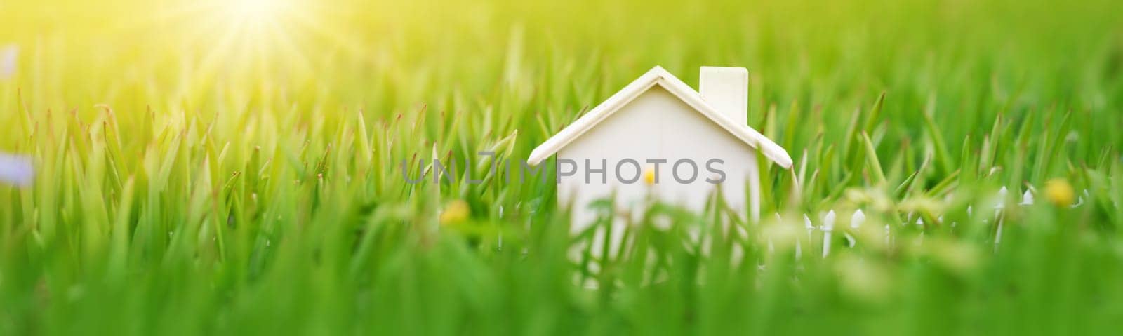 Wooden model of the house standing on the meadow with green grass. Conceptual symbol of buying or selling real estate.