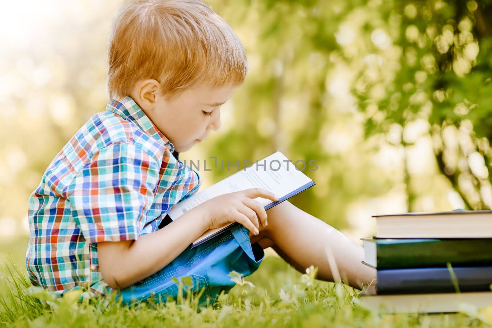 Little boy sitting on the meadow and reading a book. Concept of education and hobby.