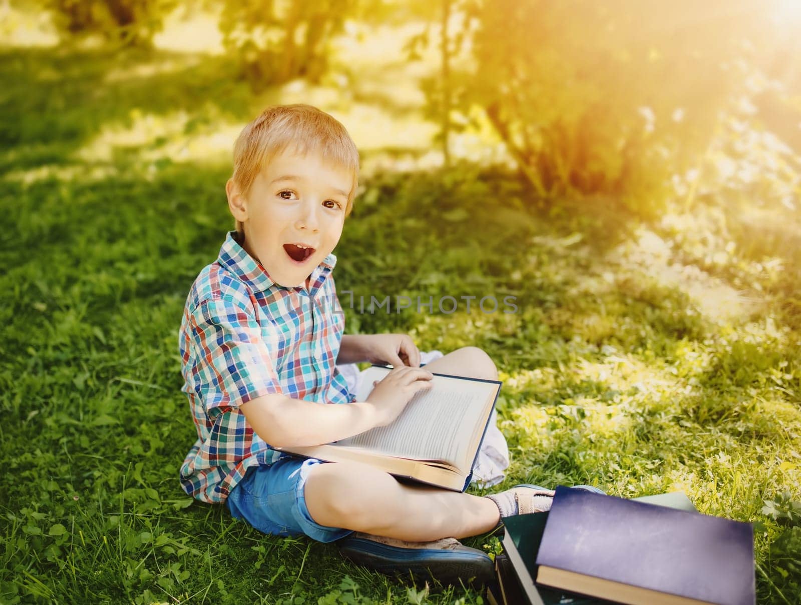 Little boy sitting on the meadow and reading a book. Concept of education and hobby.