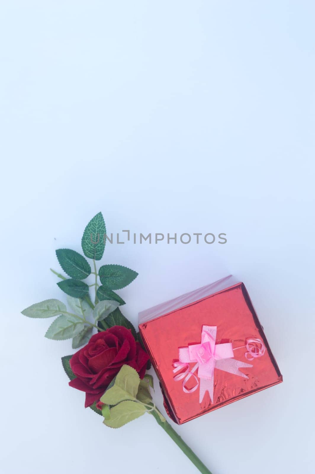 Gift box wrapped and tied with ribbon and a red rose in white background. Table top view. Flat Lay. Copy Space. Vertical.