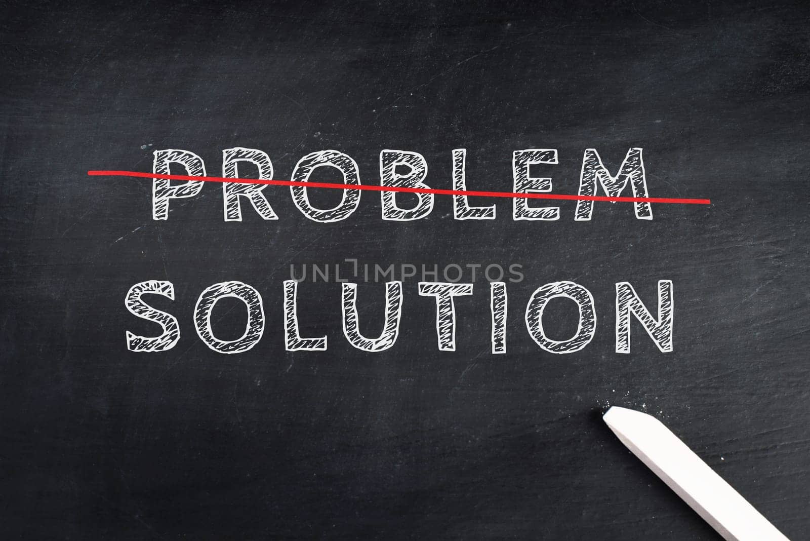 The words problem and solution are standing on a chalk board