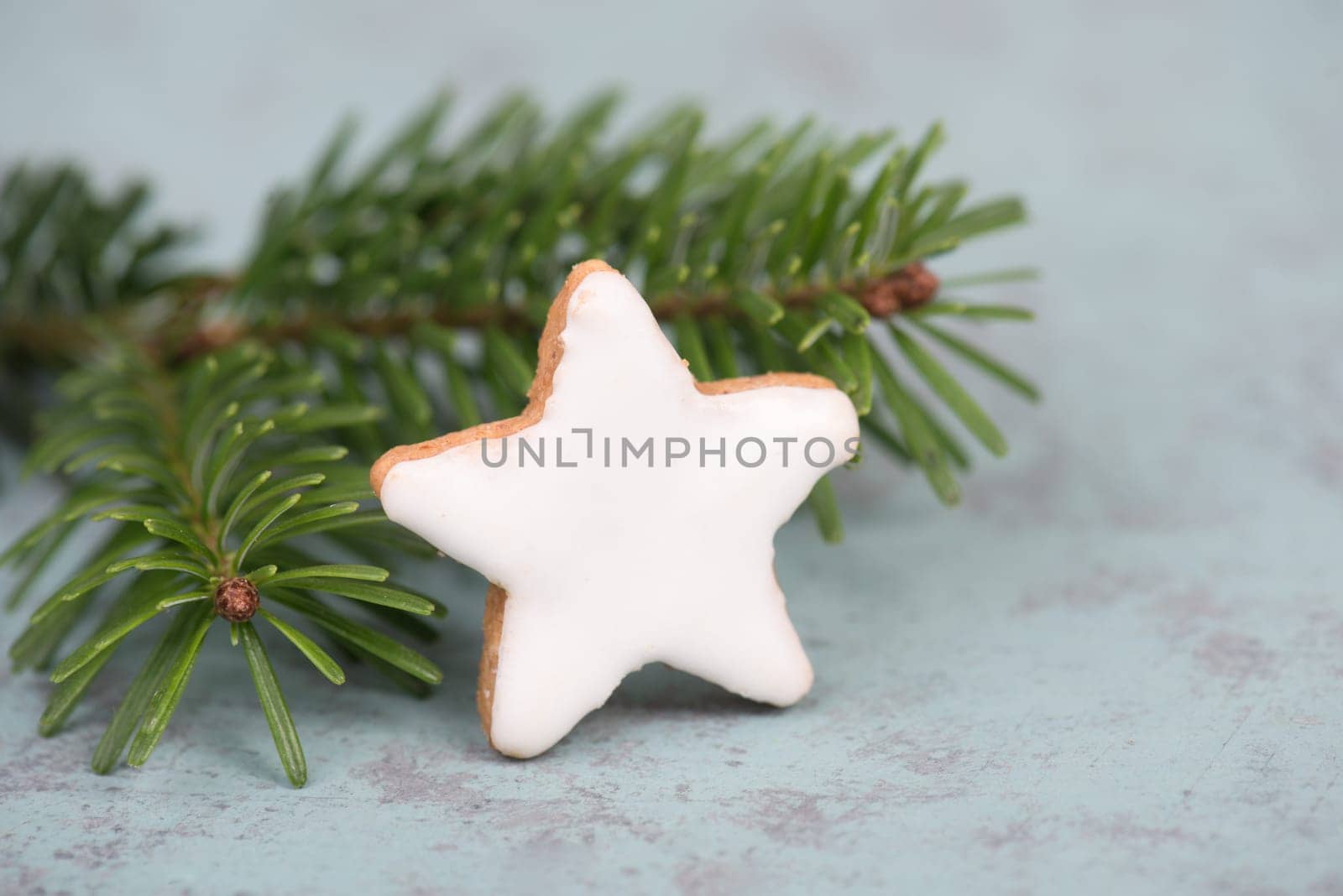 Cinnamon stars, traditional german christmas cookies, gingerbread, empty copy space, fir branch