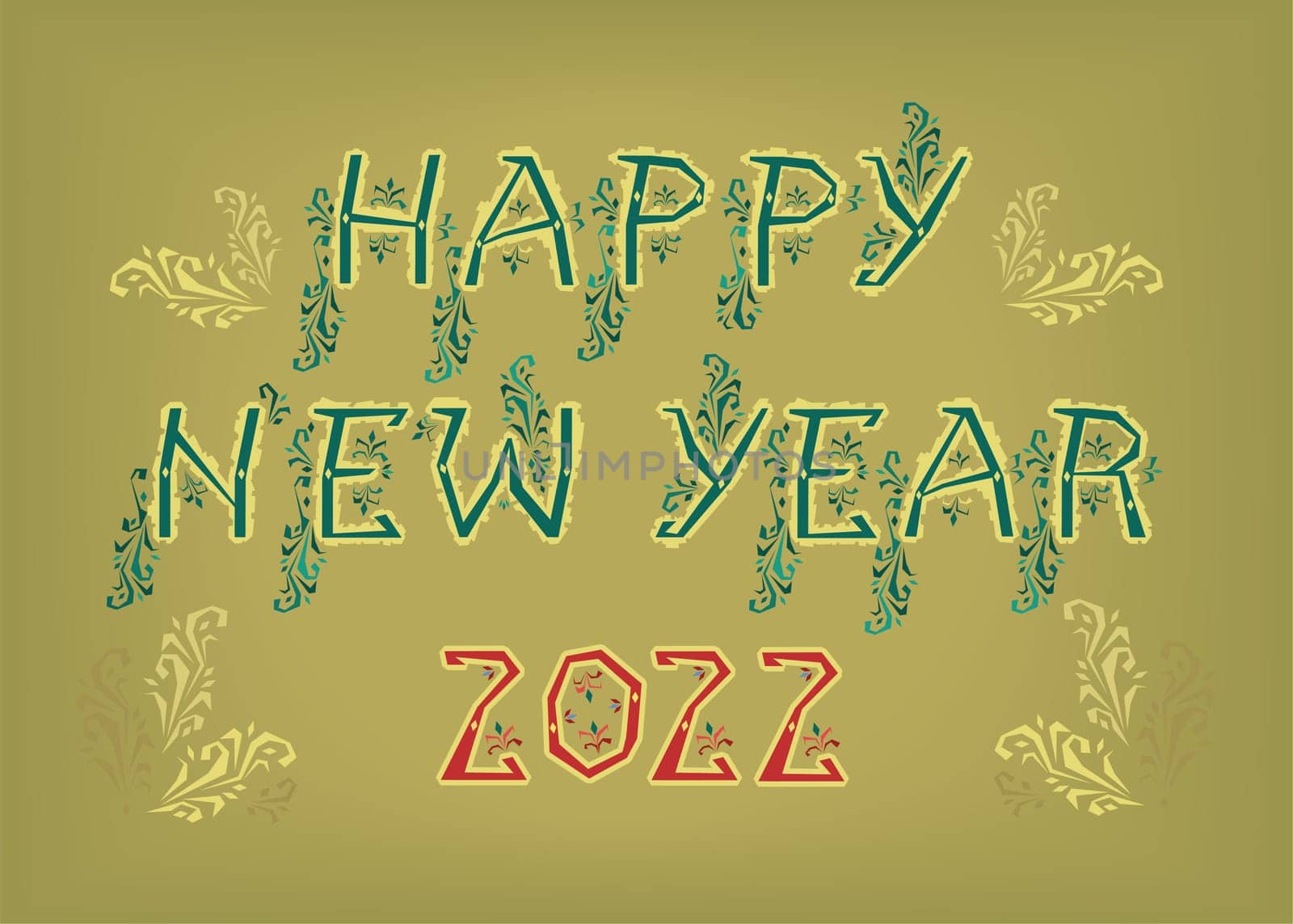 Happy New Year 2022. Artistic font with folk botanical decor. Folk Greeting Card. Illustration