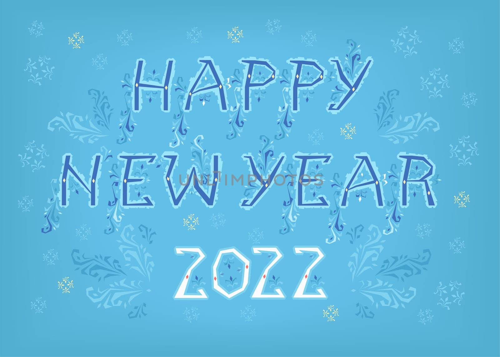 Happy New Year 2022. Artistic font with folk botanical decor. Folk Greeting Card. Illustration