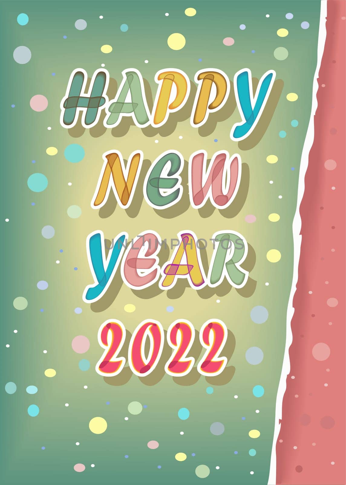 Happy New Year 2022 Colorful letters and red number with watercolor effect and white outlines. Green and red background with confetti. Illustration