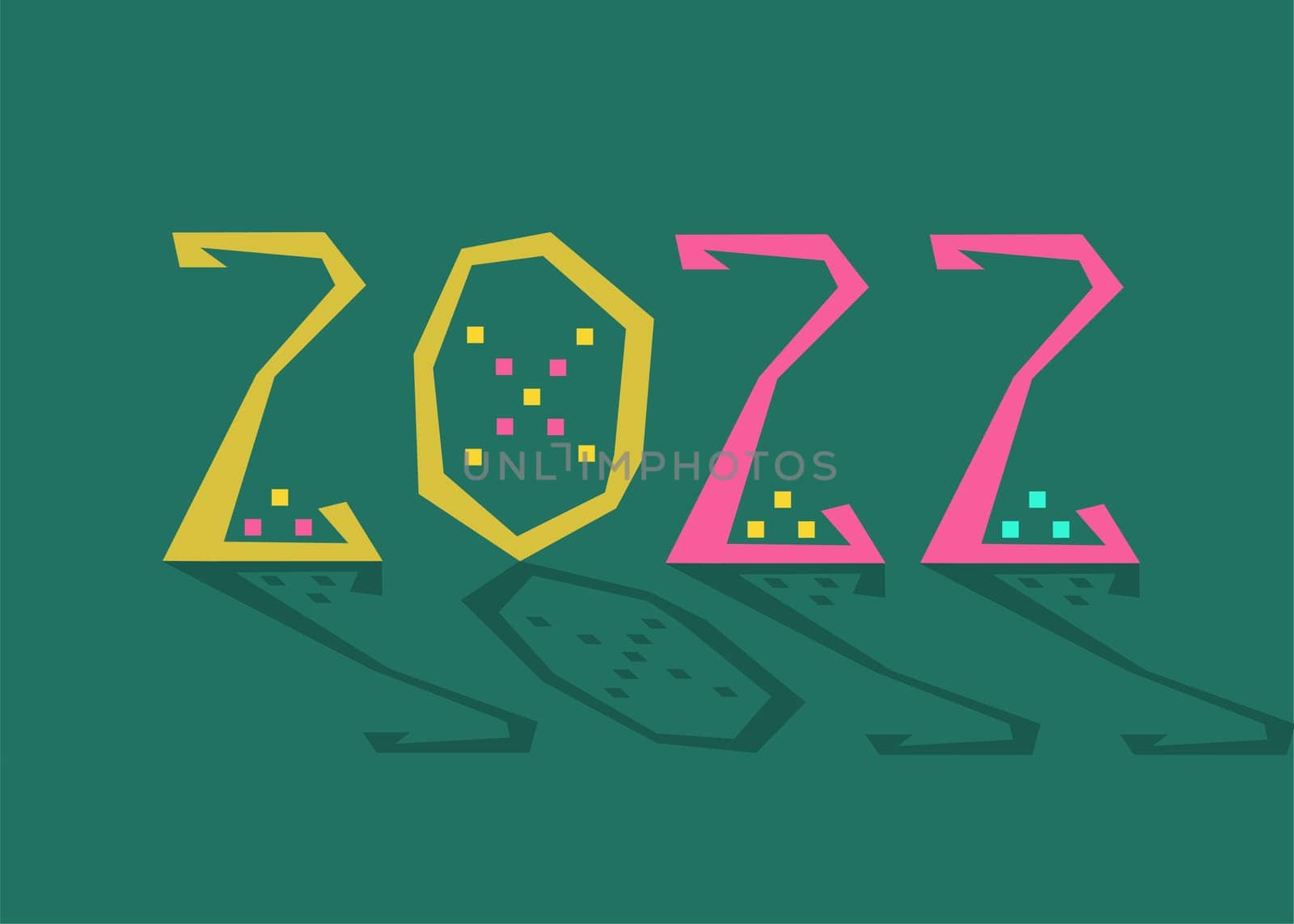 New Year yellow and pink number 2022 with geometric decort. Green background with shadows. Illustration