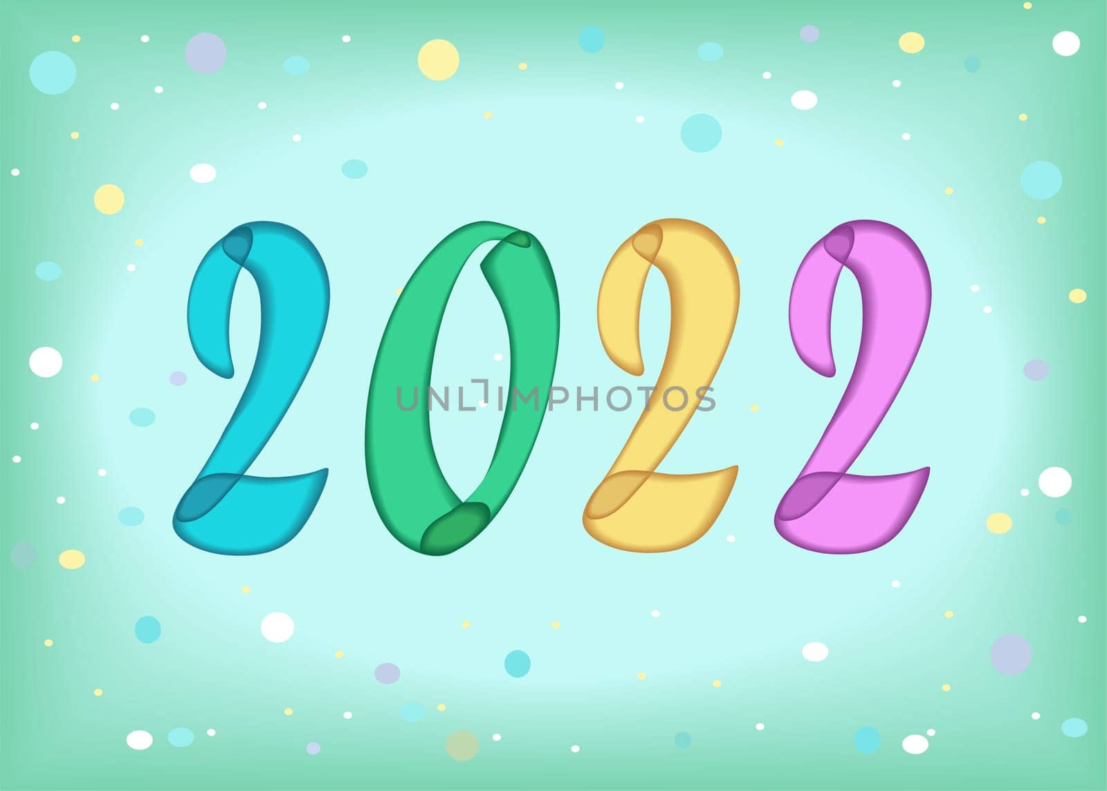 New Year colorful number 2022 with painting effect. Green background with colorful confetti. Illustration