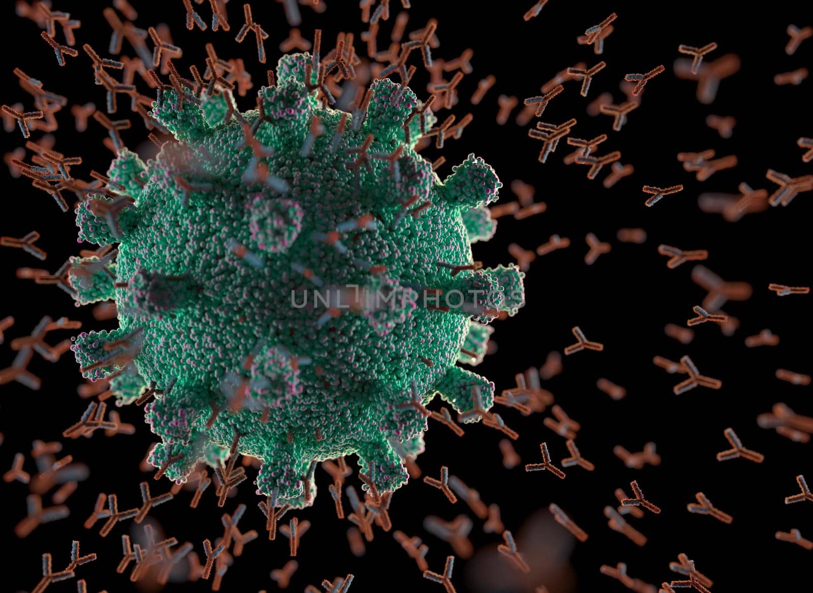 Immunological system, antibodies attacking the virus covid-19. 3D illustration, concept of the body's defense system. Y-shaped antibody attacking the virus.