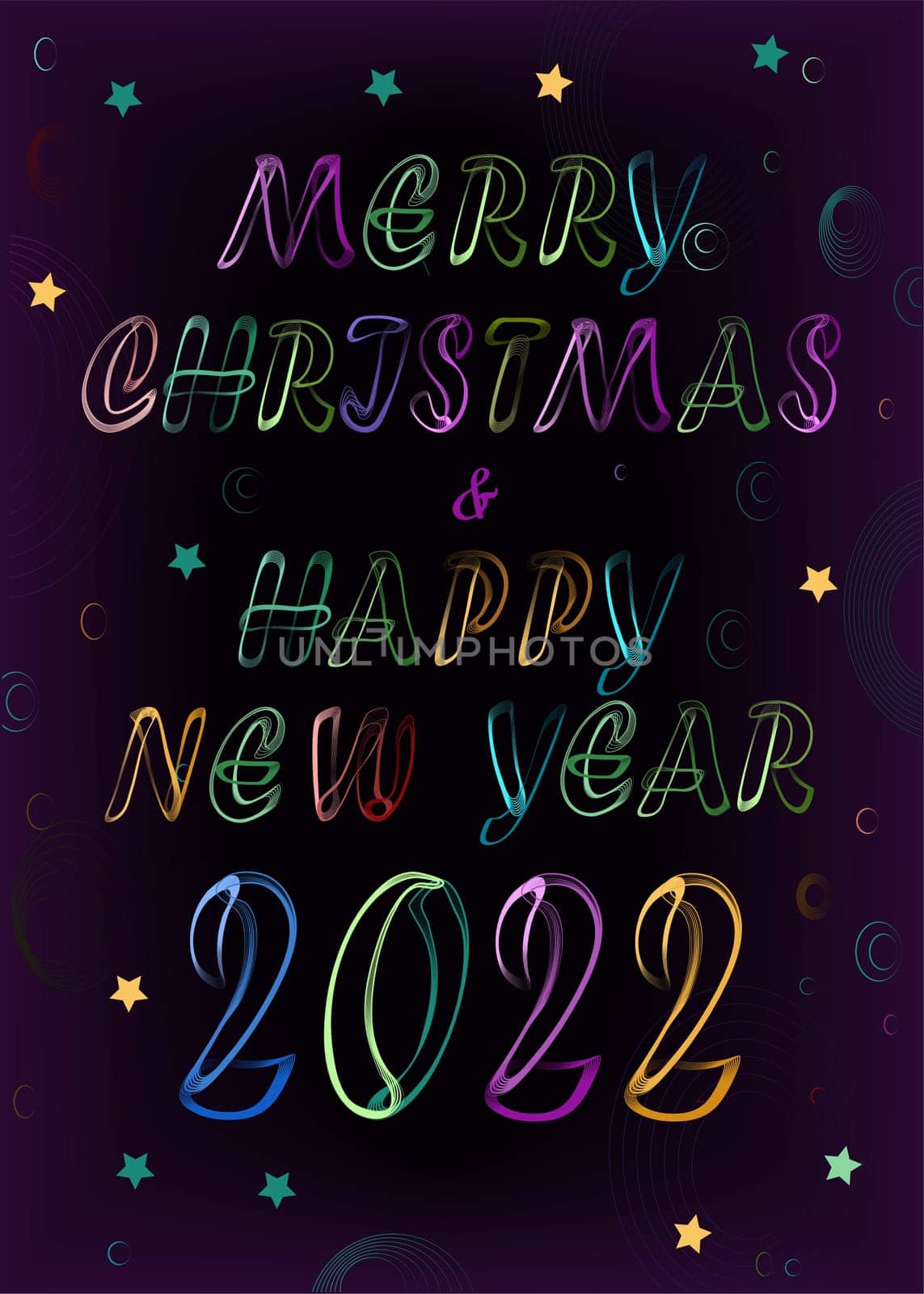 Merry Christmas and Happy New Year 2022. Artistic colorful letters and numbers with neon effect. Dark purple background with bright stars. Illustration