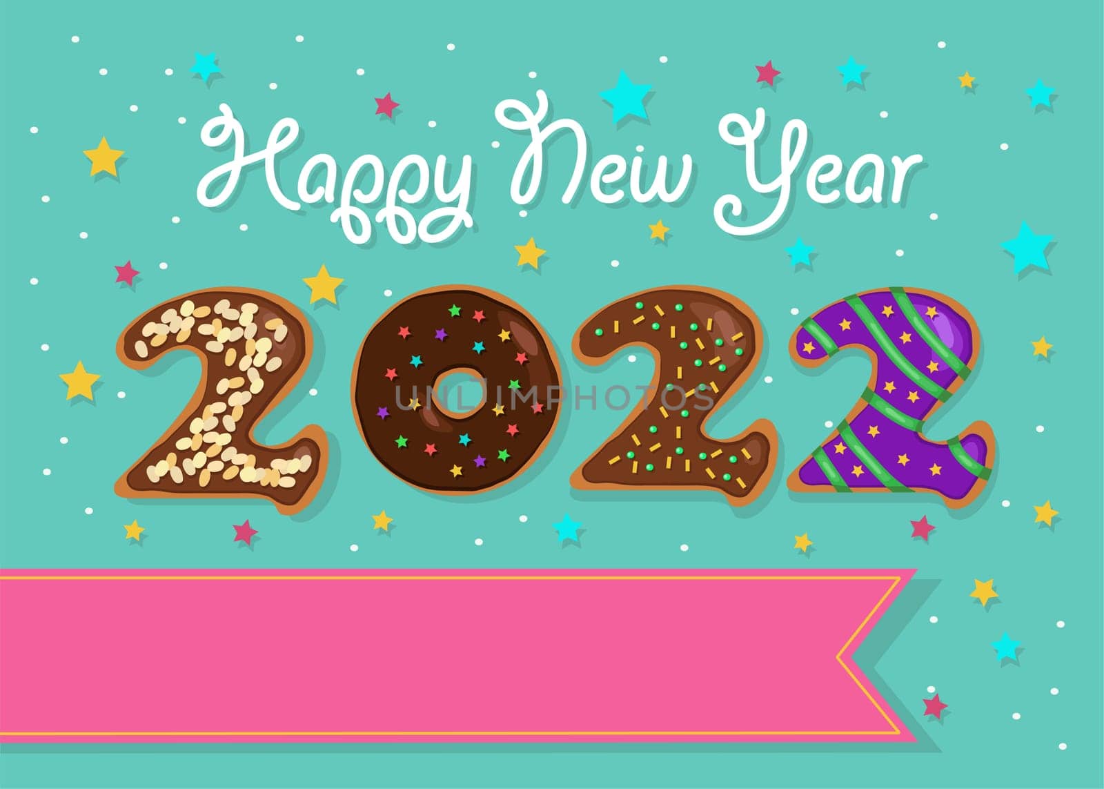 Happy New Year 2022. Colorful number as sweet donuts with cream and nuts decor. Background with stars and confetti. Banner for custom text. Cream text - Happy New Year. Illustration
