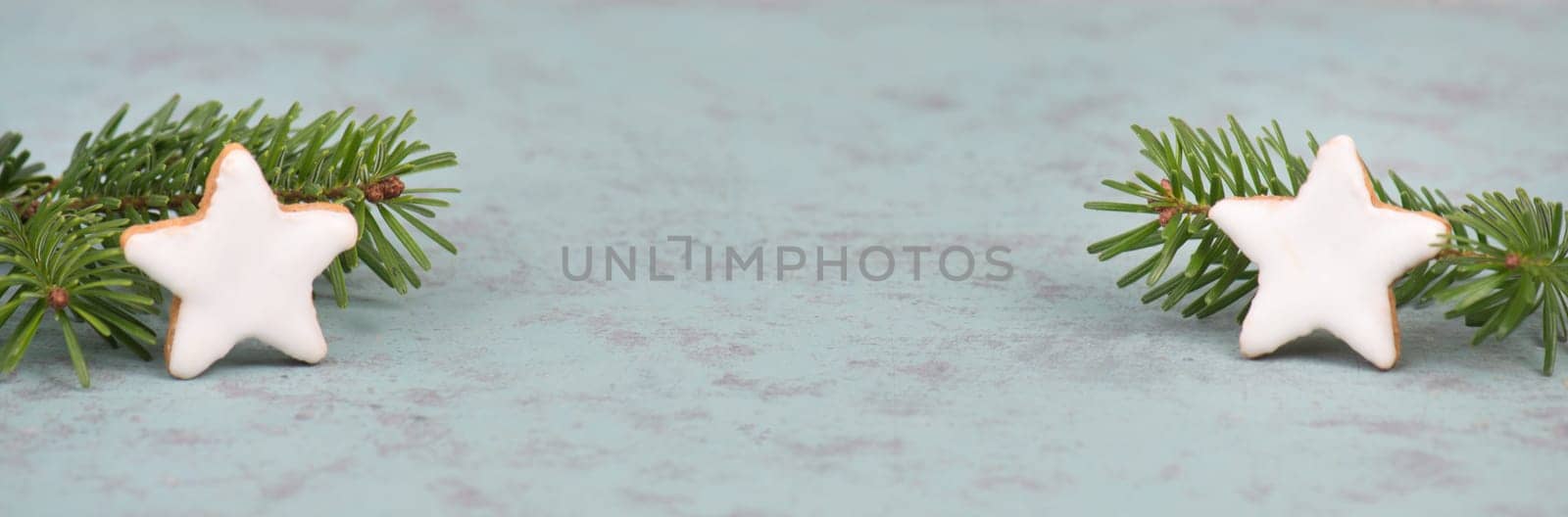 Cinnamon stars, traditional german christmas cookies, gingerbread, empty copy space, fir branch