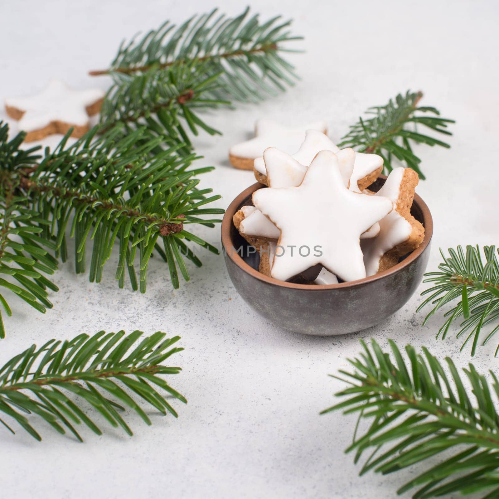 Cinnamon stars, traditional german christmas cookies, gingerbread, empty copy space, fir branch