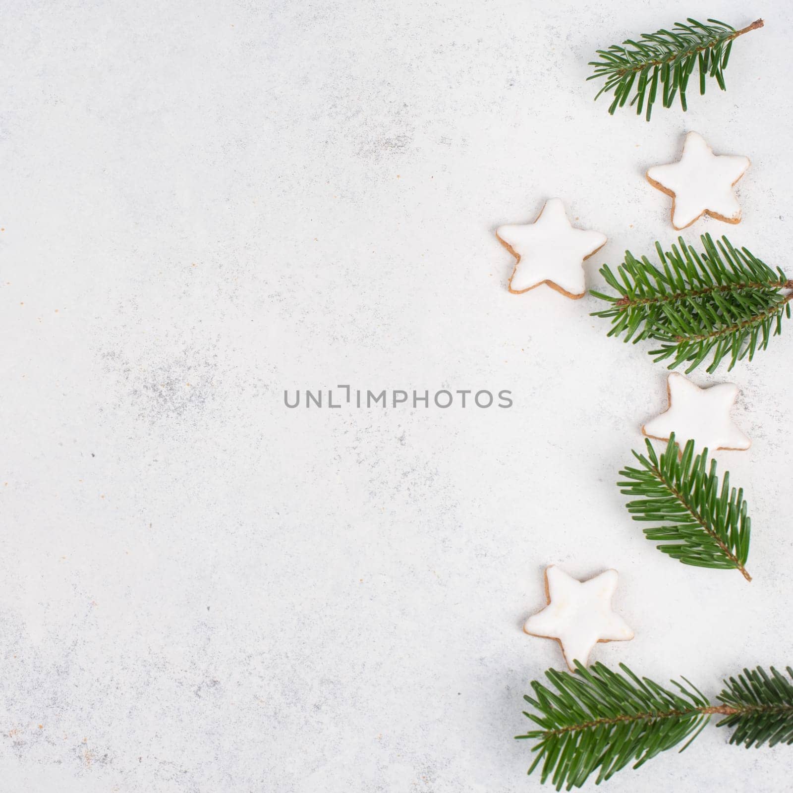 Cinnamon stars, traditional german christmas cookies, gingerbread, empty copy space, fir branch